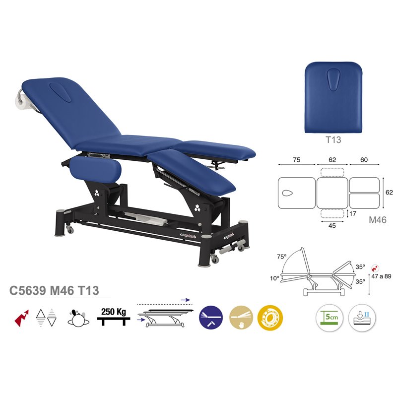 Elektrisk 3-delad behandlingsbänk med armstöd, separata benstöd och svart underrede – 62cm Elektrisk 3-delad behandlingsbänk med armstöd, separata benstöd och svart underrede – 62cm