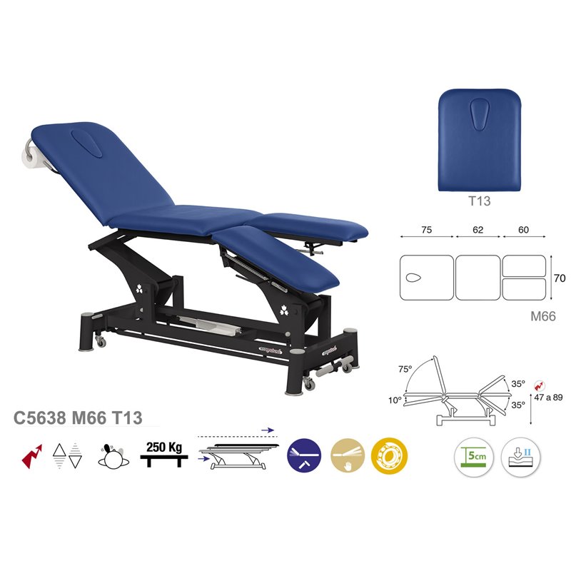 Elektrisk 3-delad behandlingsbänk med individuella benstöd och svart underrede – 70cm Elektrisk 3-delad behandlingsbänk med individuella benstöd och svart underrede – 70cm