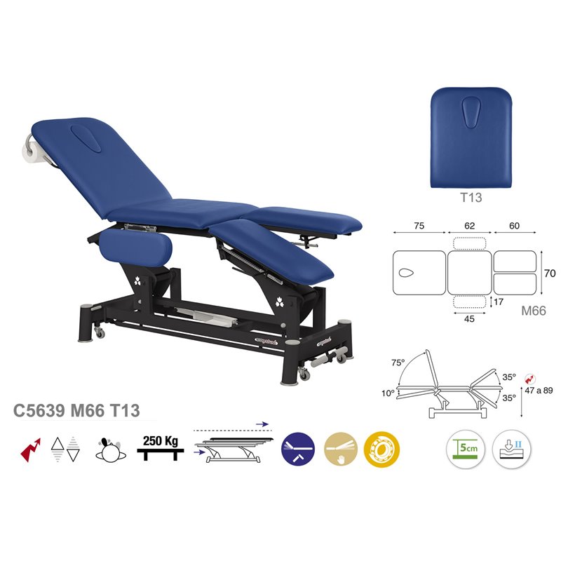 Elektrisk 3-delad behandlingsbänk med armstöd, separata benstöd och svart underrede – 70cm Elektrisk 3-delad behandlingsbänk med armstöd, separata benstöd och svart underrede – 70cm
