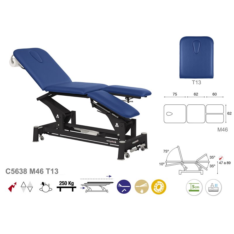 Elektrisk 3-delad behandlingsbänk med individuella benstöd och svart underrede – 62cm Elektrisk 3-delad behandlingsbänk med individuella benstöd och svart underrede – 62cm