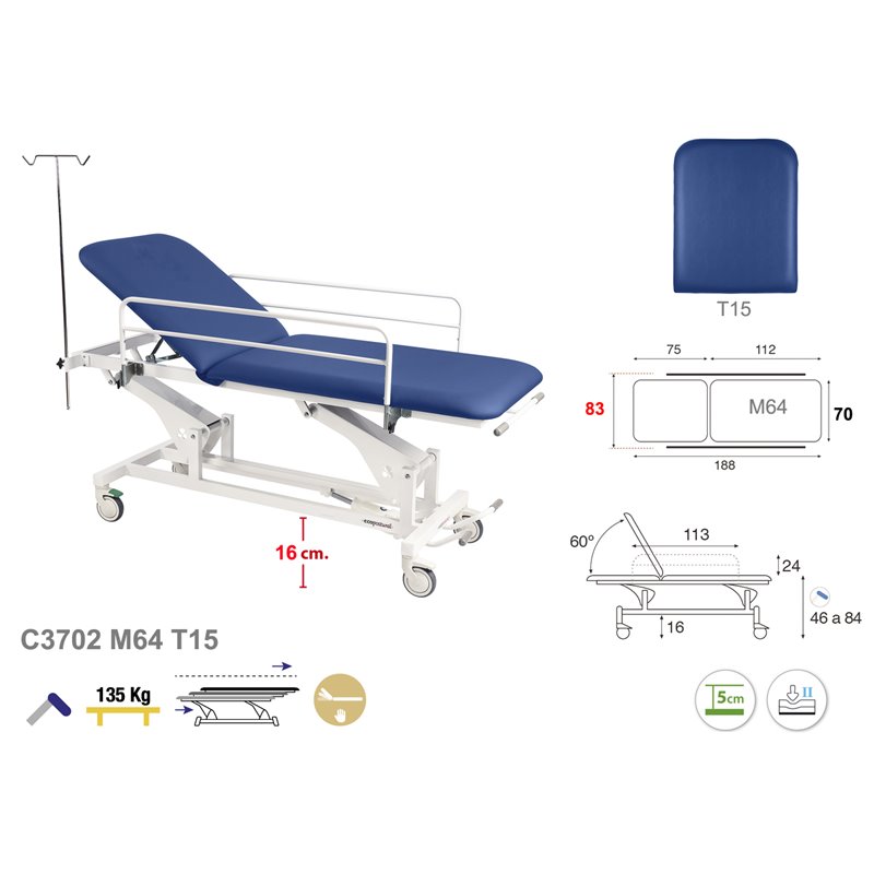 Hydraulisk patientbår med sidogrindar och droppställ – 70cm Hydraulisk patientbår med sidogrindar och droppställ – 70cm