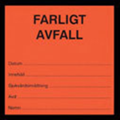 Etikett Farligt avfall – orange/svart text  rle100