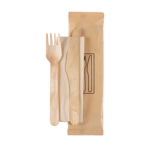 Bestickset trä med servett – kniv, gaffel, brun servett – 250 st