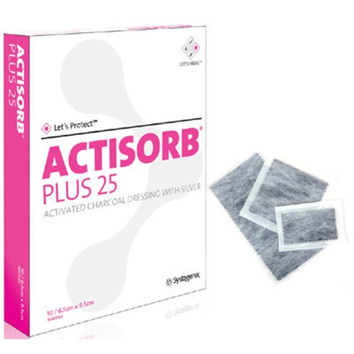 Kol/sølvkompres Actisorb Plus 25 – 10,5×10,5cm – 10 stk