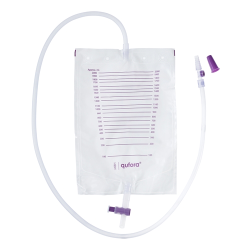 Urinpåse tömbar Qufora – 2,0L 110cm T-ventil provport – 100 st