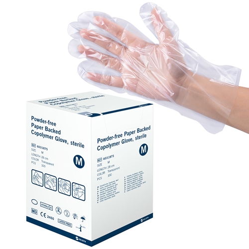 Handske us plast Selefa – medium uppfodrade sterila – 100 st