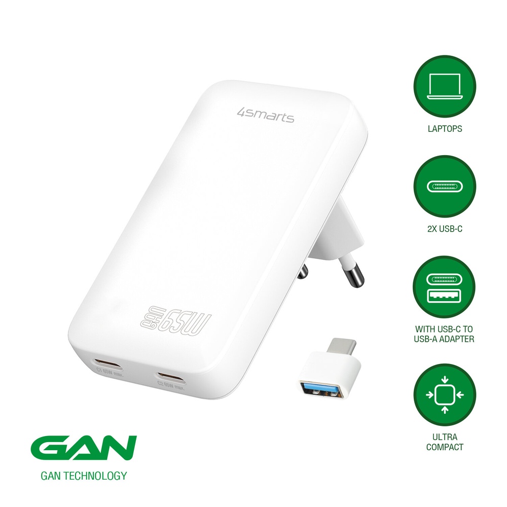Netzladegerät "FlatPlug Slim Dual 65W GaN 2C", weiß