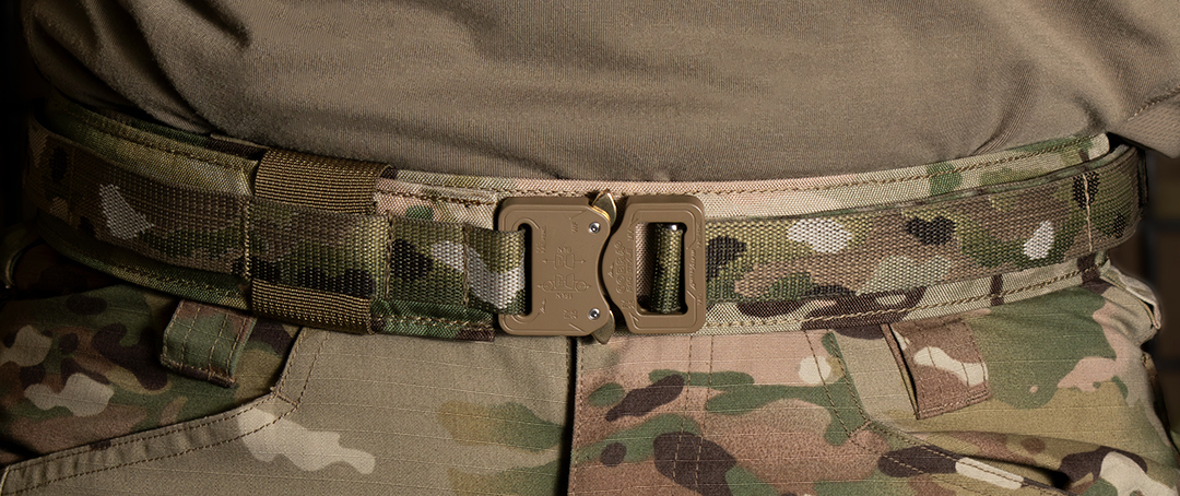 Image of the multicam cobra gun belt being worn in uniform