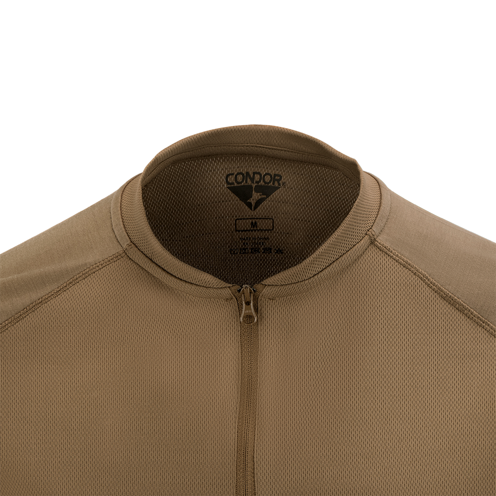 close up on the collar of the trident long sleeve battle top