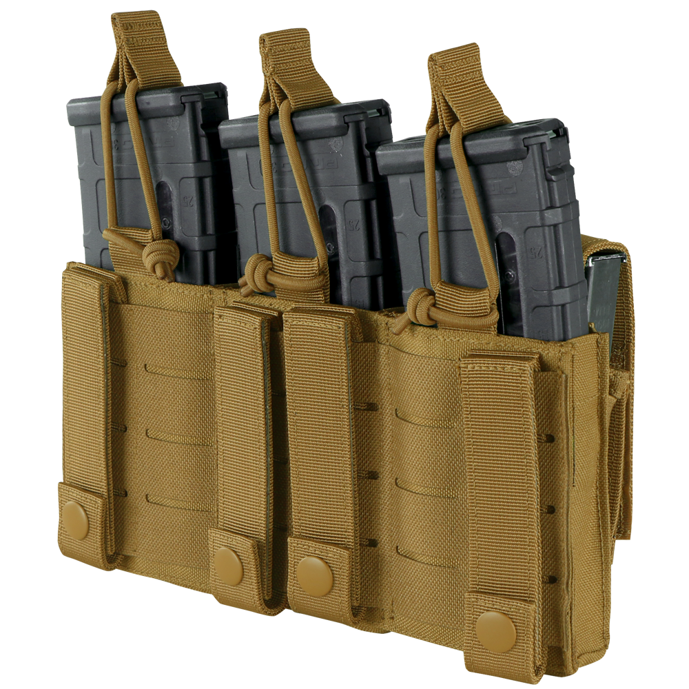 Image of the front of the triple kangaroo pouch gen II with the pistol pouch opened up