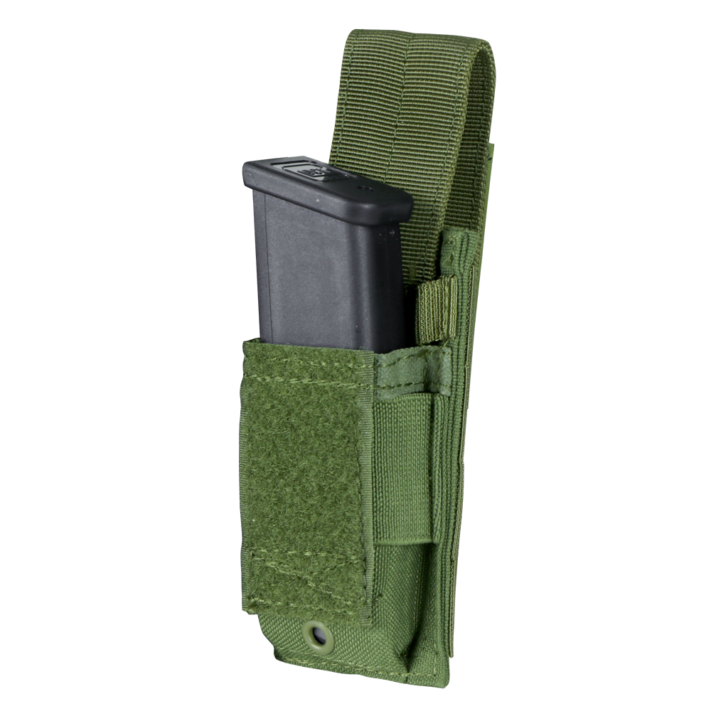 image of the single pistol mag pouch with a magazine in and the hook and loop cover tucked behind the magazine