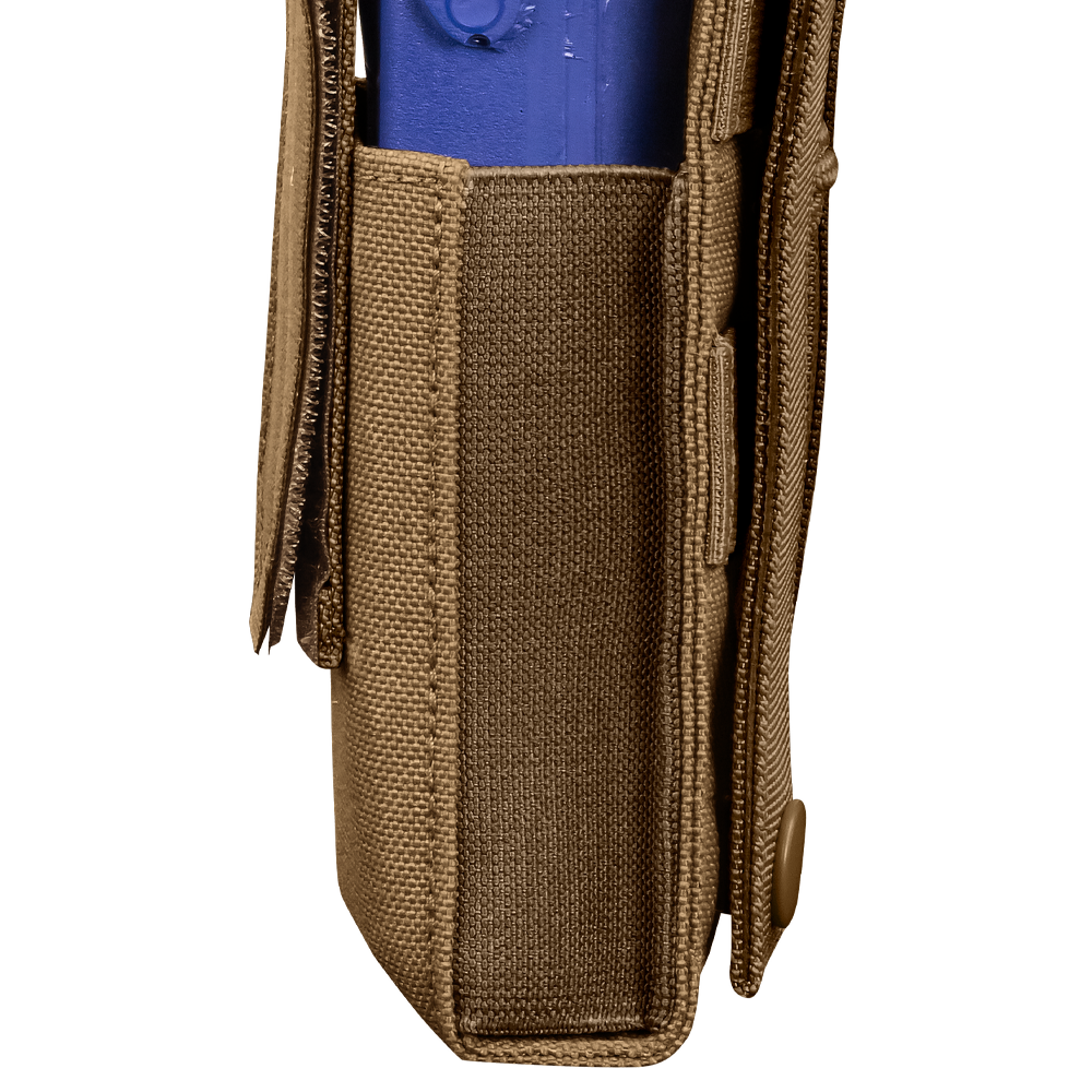 side profile of radio pouch gen II which shows the elastic band able to hold different radio sizes
