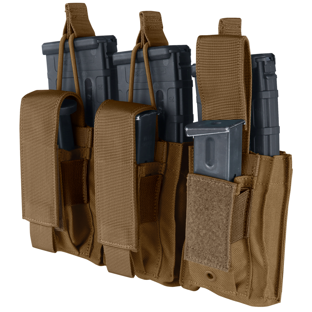 Image of the front of the triple kangaroo pouch gen II with the pistol pouch opened up