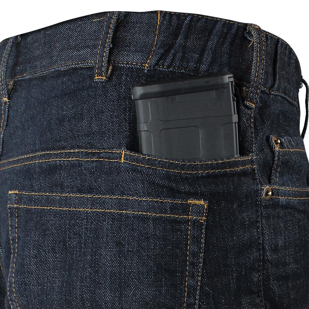 close up of the hidden pocket that can hold an m4 magazine on the cipher jeans