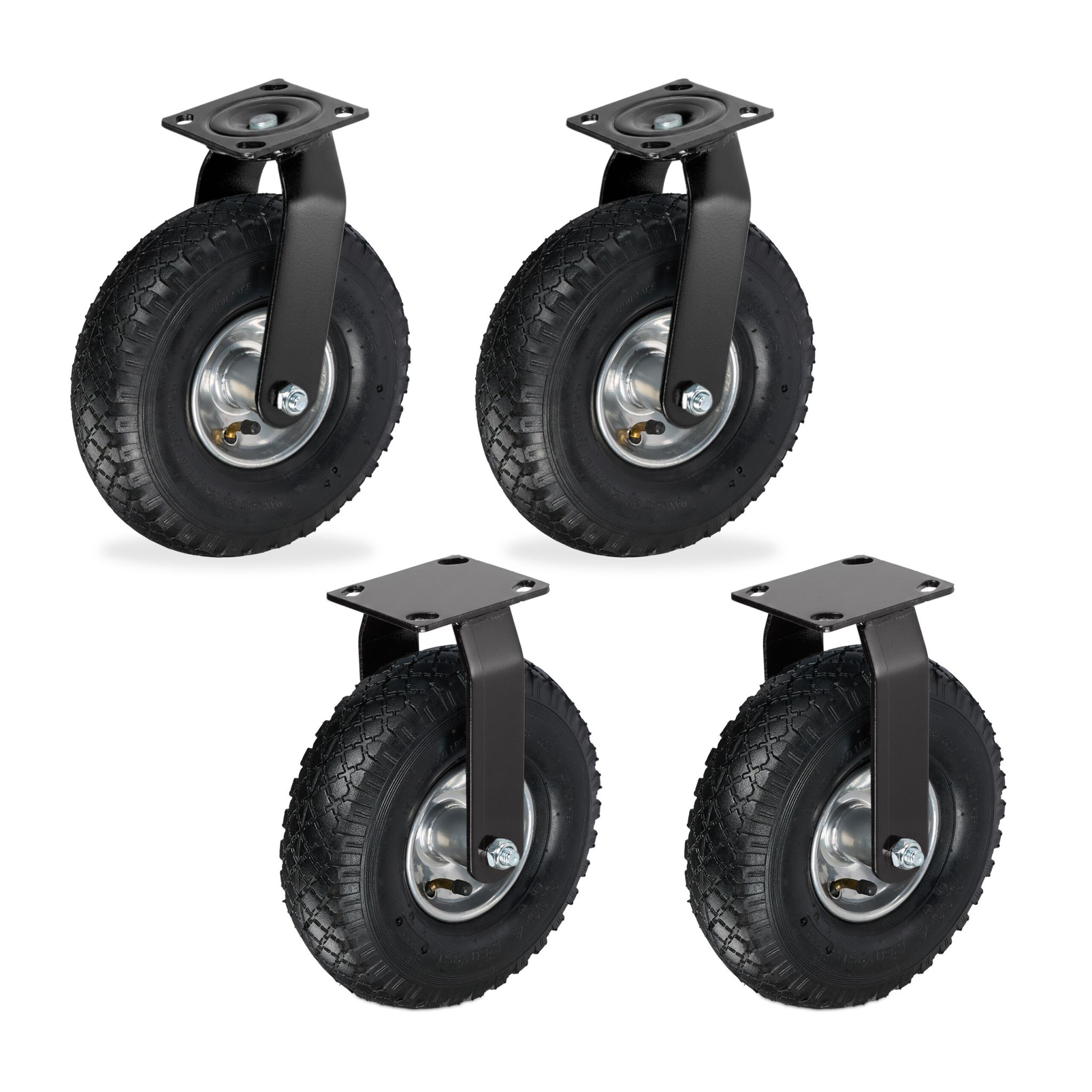 Bockrolle und Lenkrolle Set 3.00-4 4er-Set mit schwarzer Halterung Schwarz-Silber