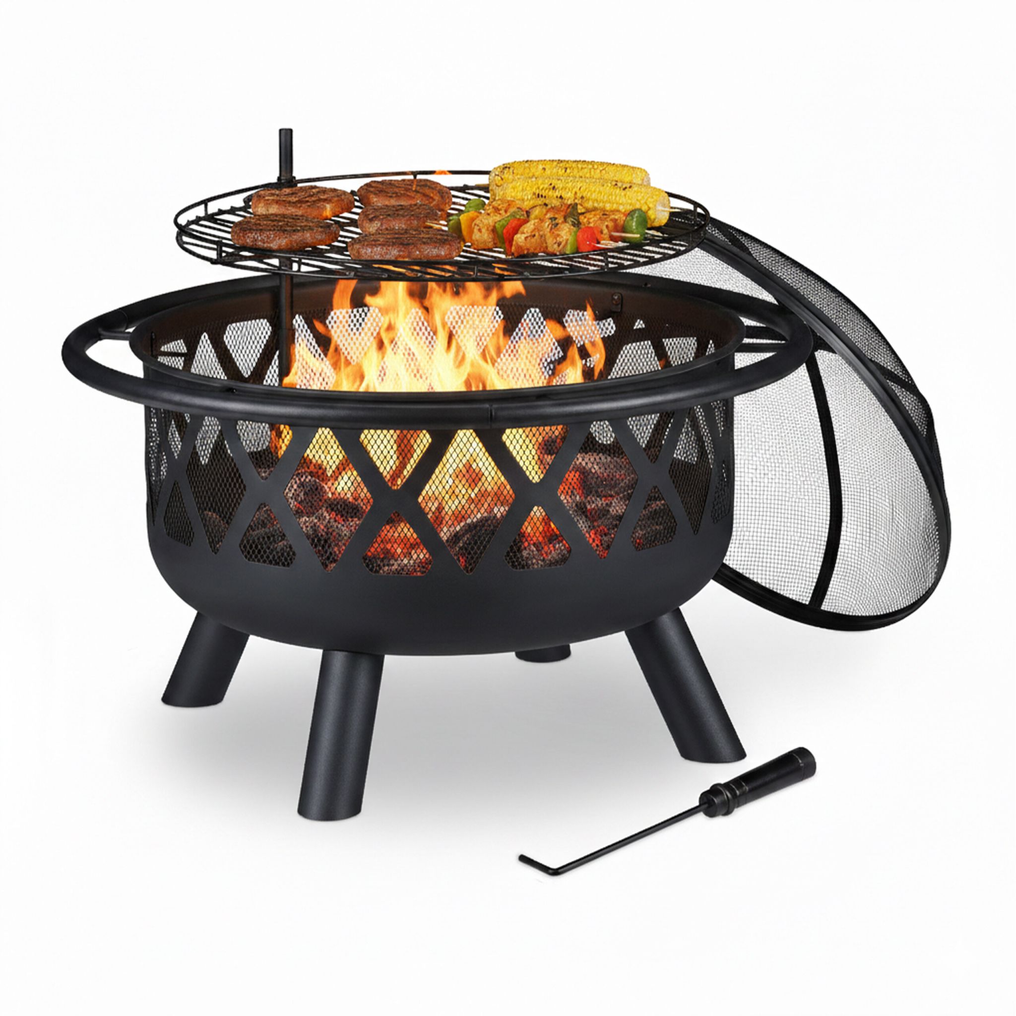 Feuerschale mit Grillrost & Funkenschutz Schwarz