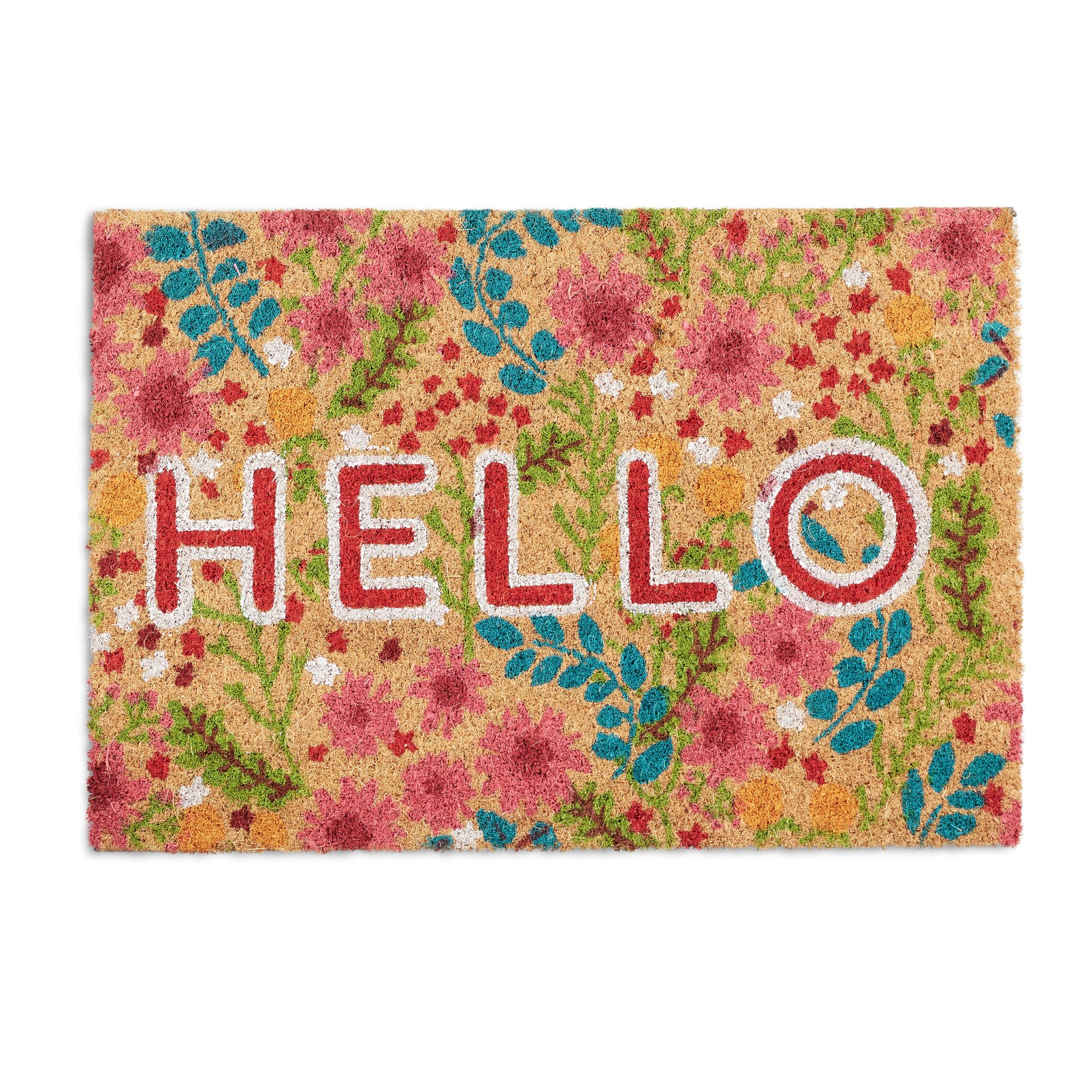Fussmatte Kokos Hello Blumen Beige-Blau-Rot