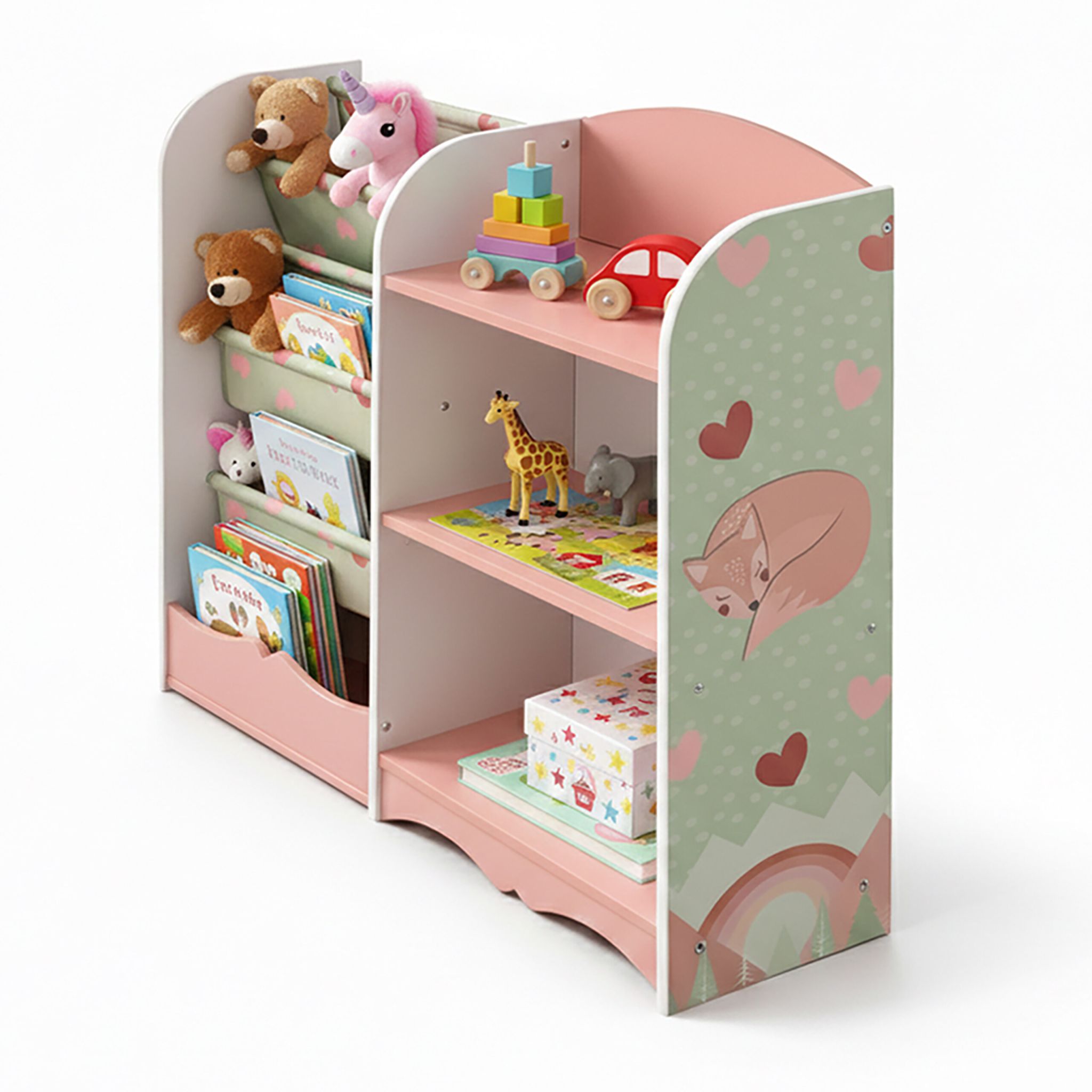 Kinderregal mit 7 Fächern Weiss-Grün-Rosa