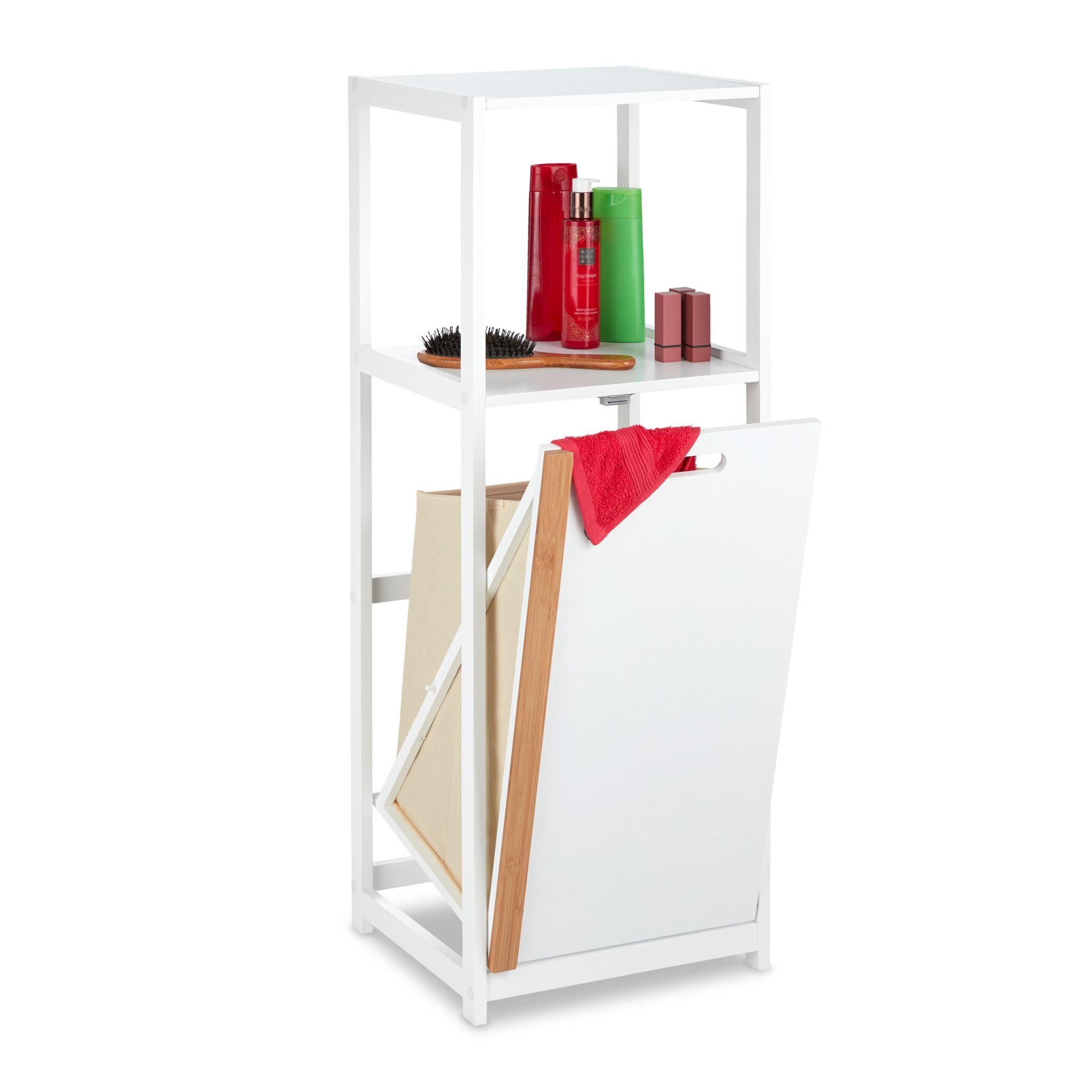 Badregal mit Wäschekorb Beige-Weiss-Hellbraun