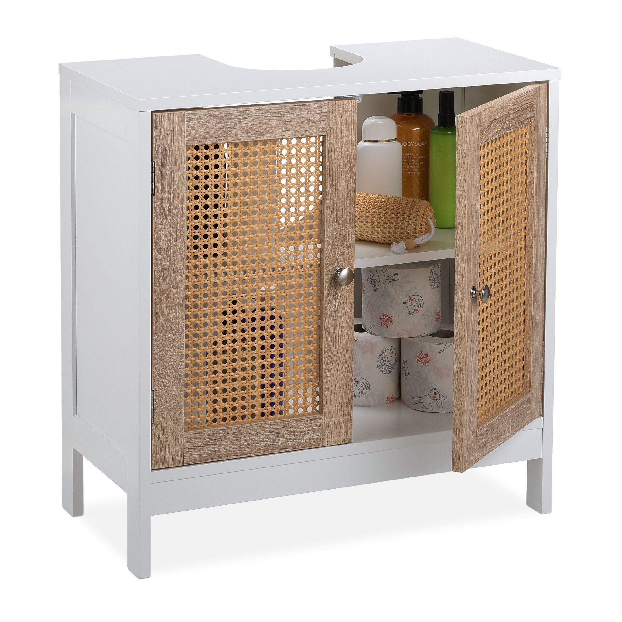 Waschbeckenunterschrank mit Rattan-Türen Weiss-Hellbraun