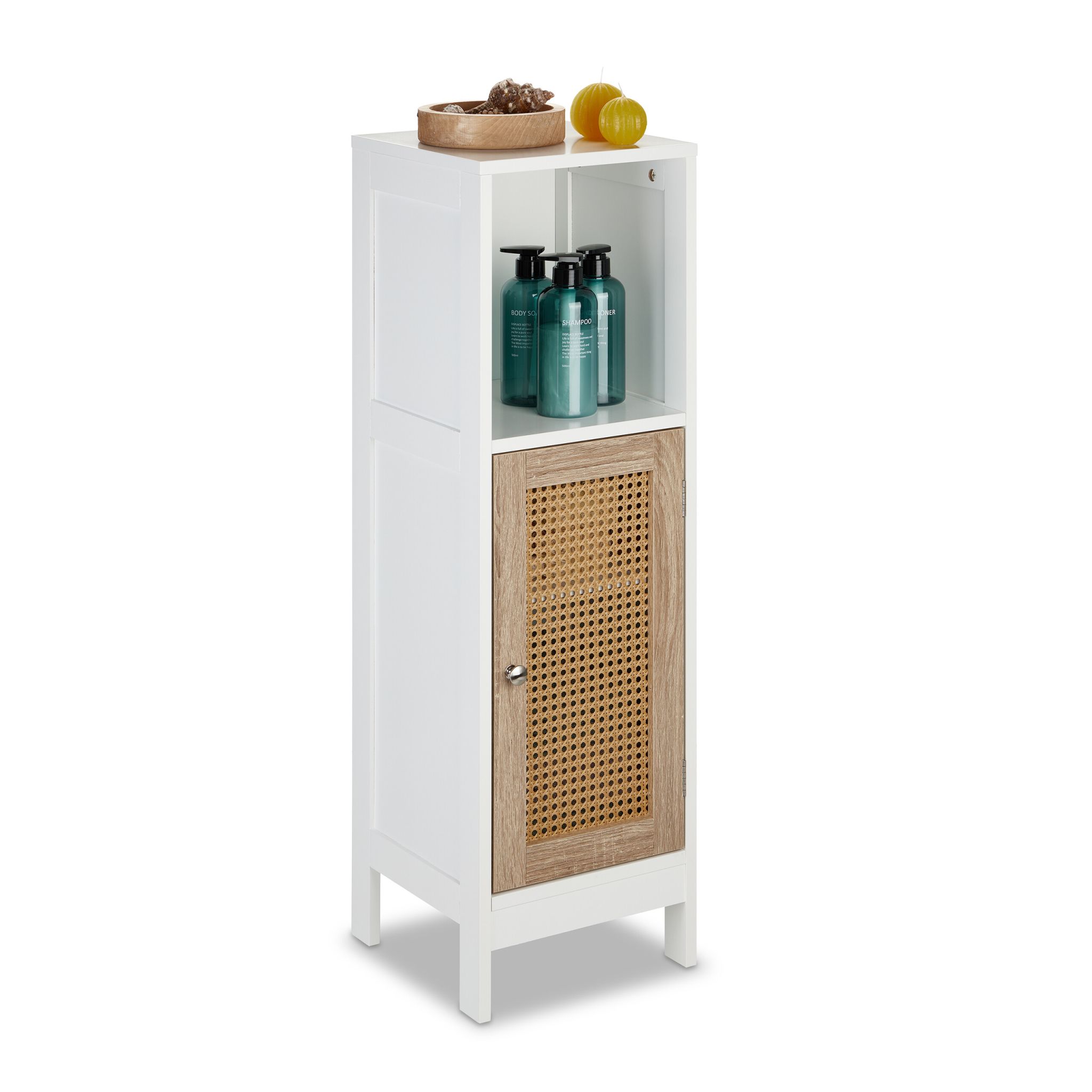 Badezimmerschrank mit Rattan-Tür Weiss-Hellbraun