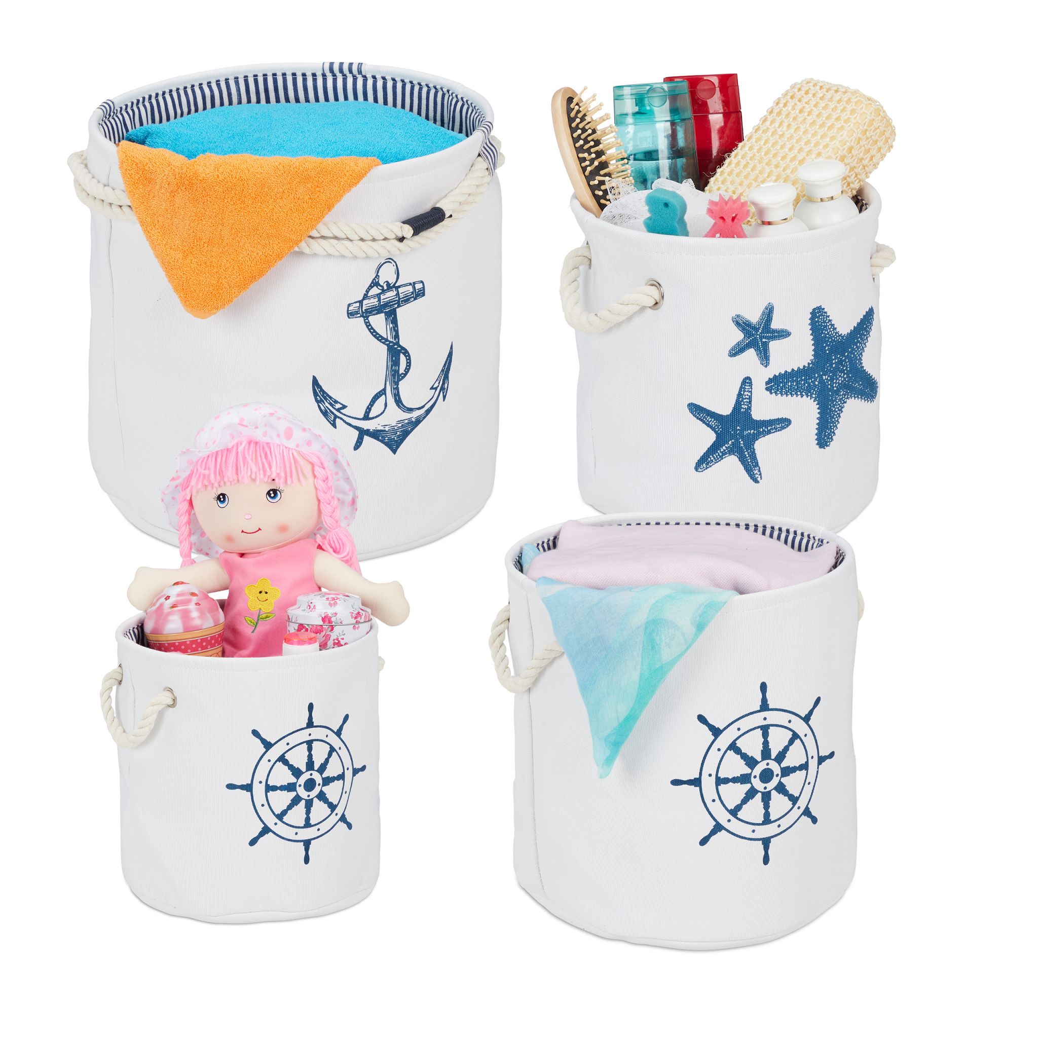 Aufbewahrungskorb 4er-Set maritim Weiss-Blau