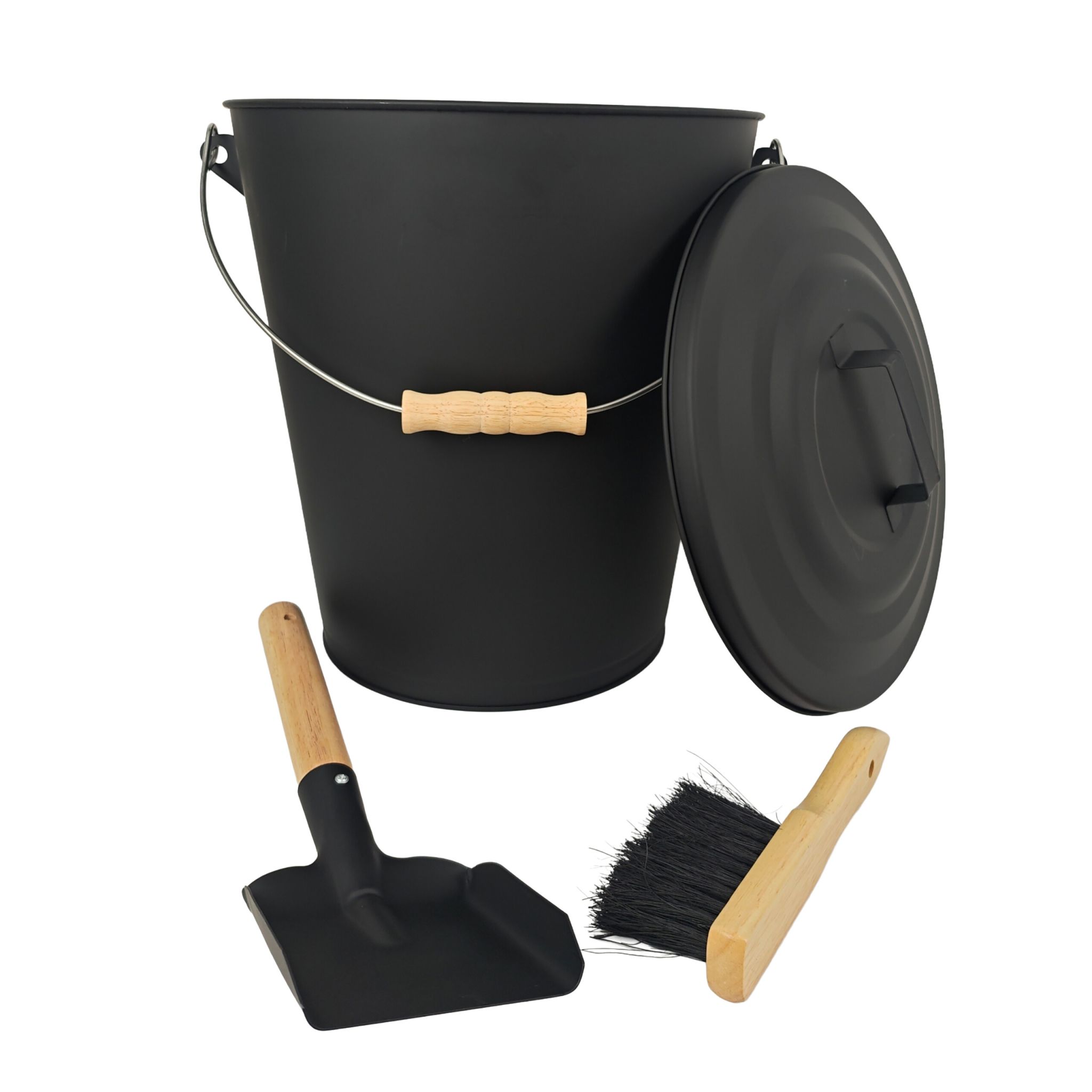 Ascheeimer mit Feger & Schaufel Hellbraun-Schwarz