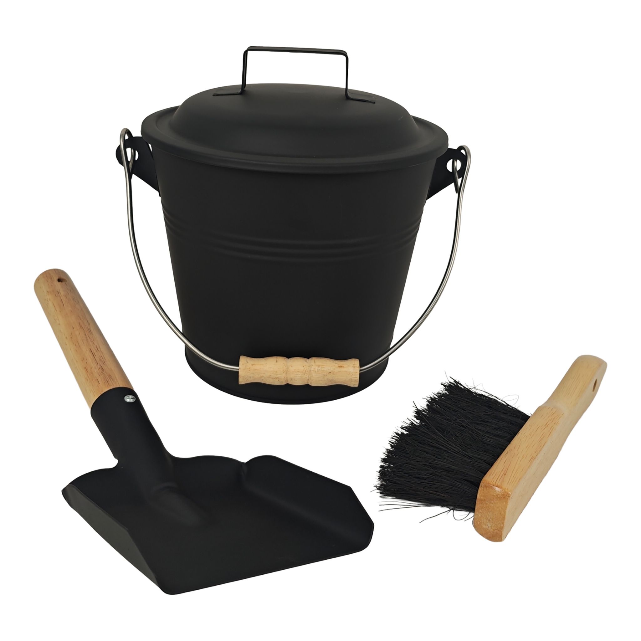 Ascheeimer mit Feger & Schaufel Hellbraun-Schwarz