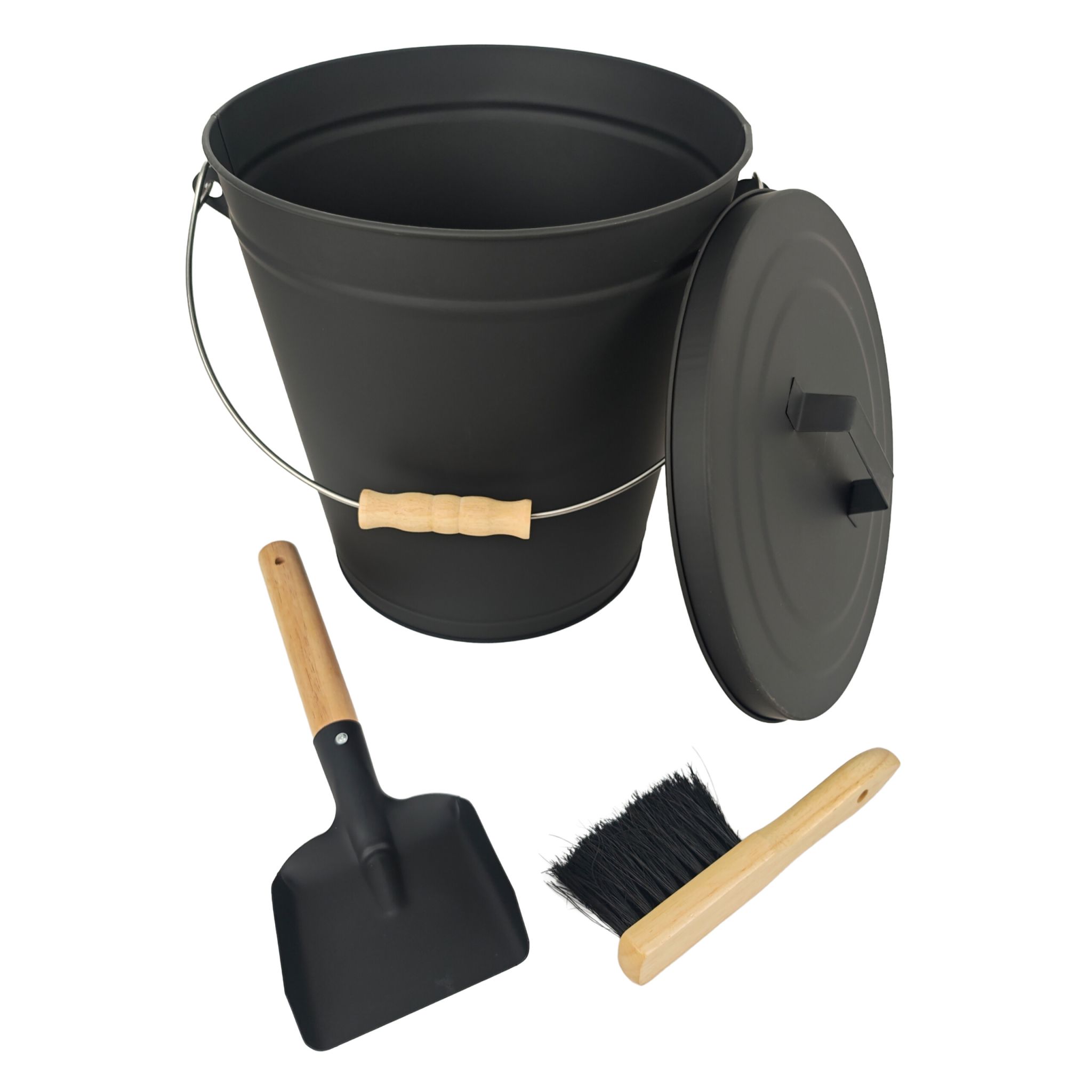 Ascheeimer mit Feger & Schaufel Hellbraun-Schwarz