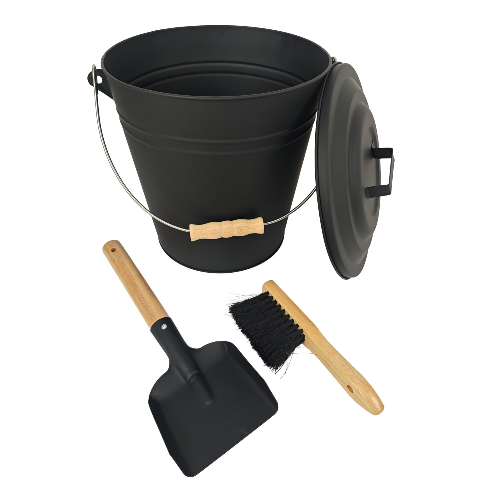 Ascheeimer mit Feger & Schaufel Hellbraun-Schwarz
