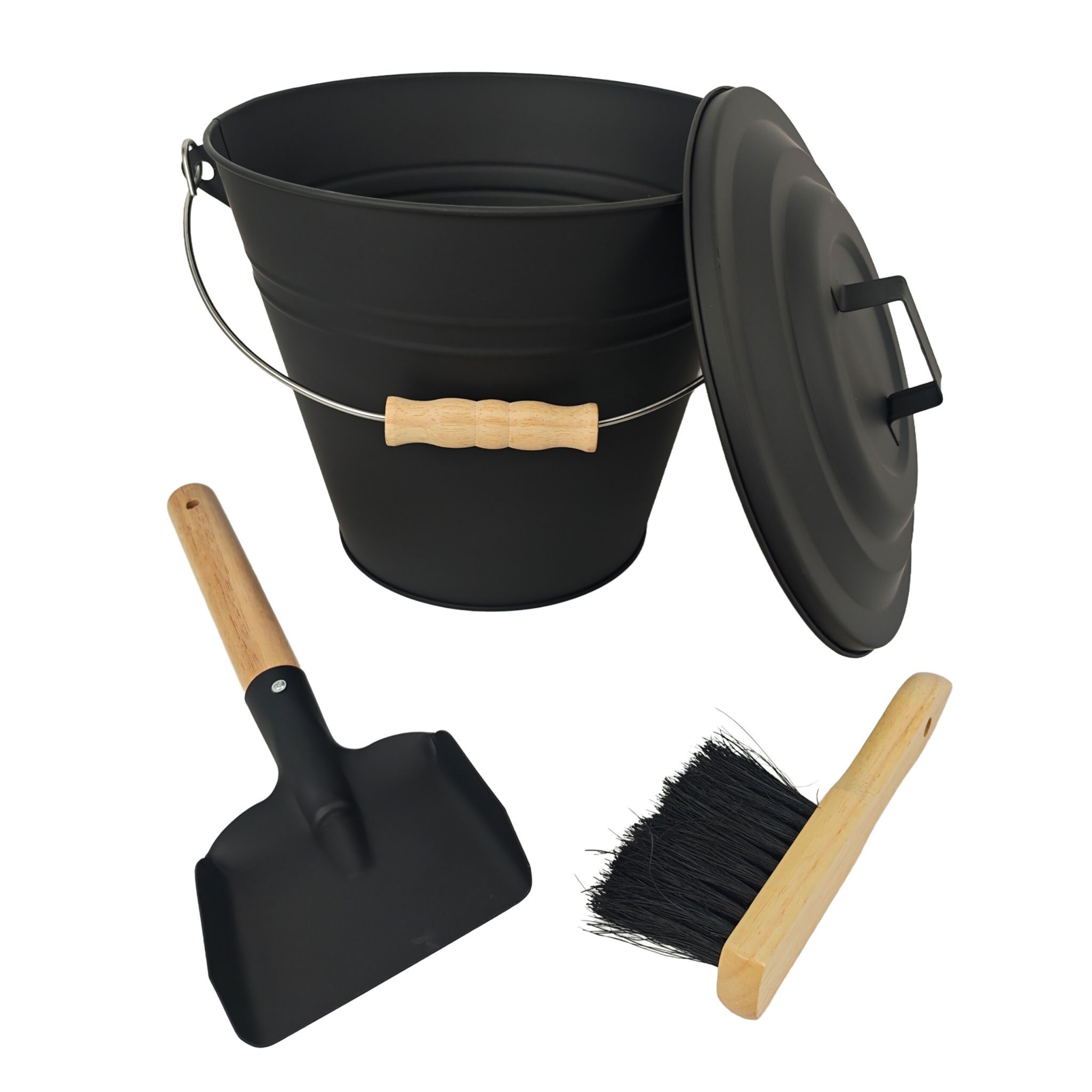 Ascheeimer mit Feger & Schaufel Hellbraun-Schwarz