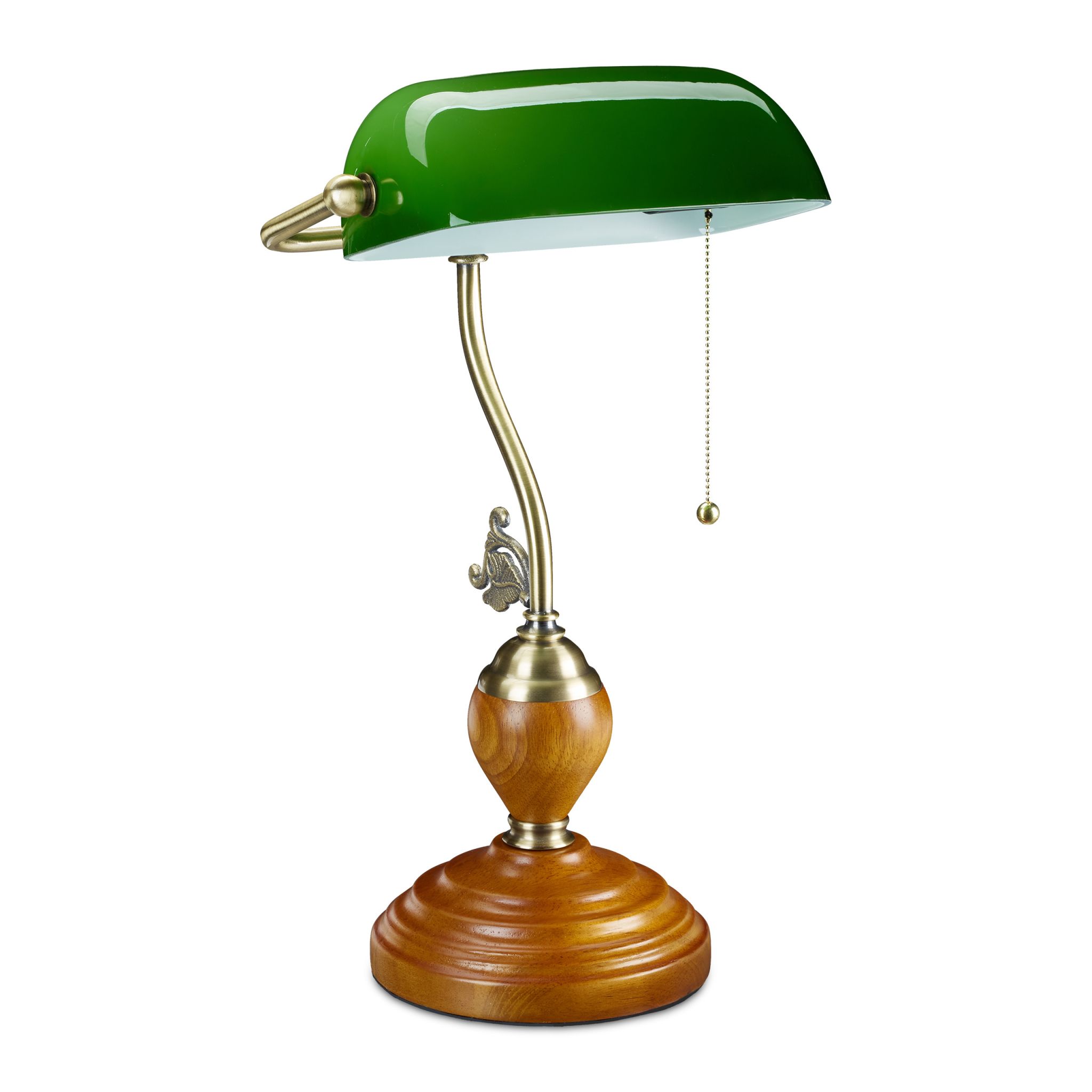 Bankerlampe mit Zugschalter Gold-Grün-Hellbraun