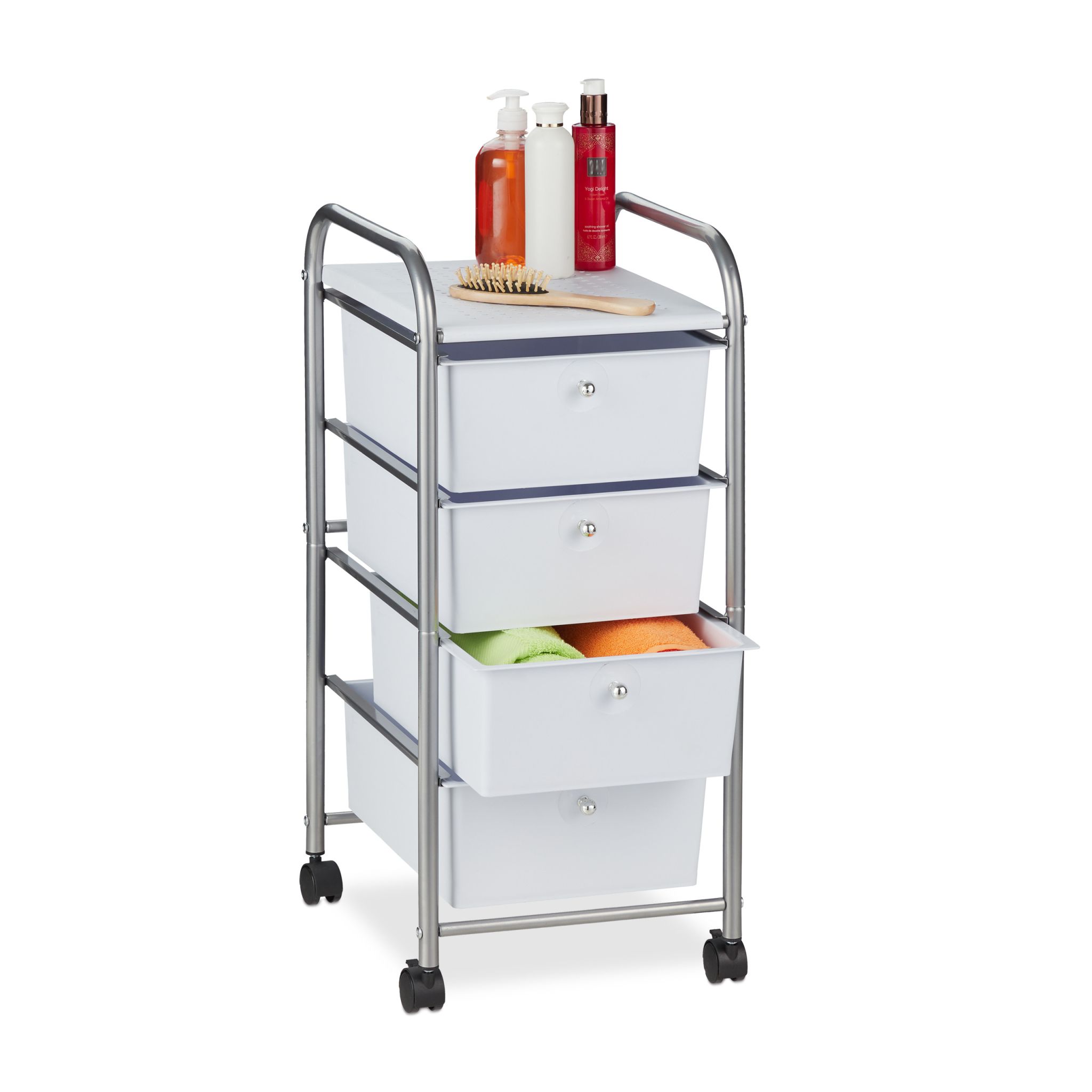 Badrollwagen mit 4 Schubladen Weiss-Silber