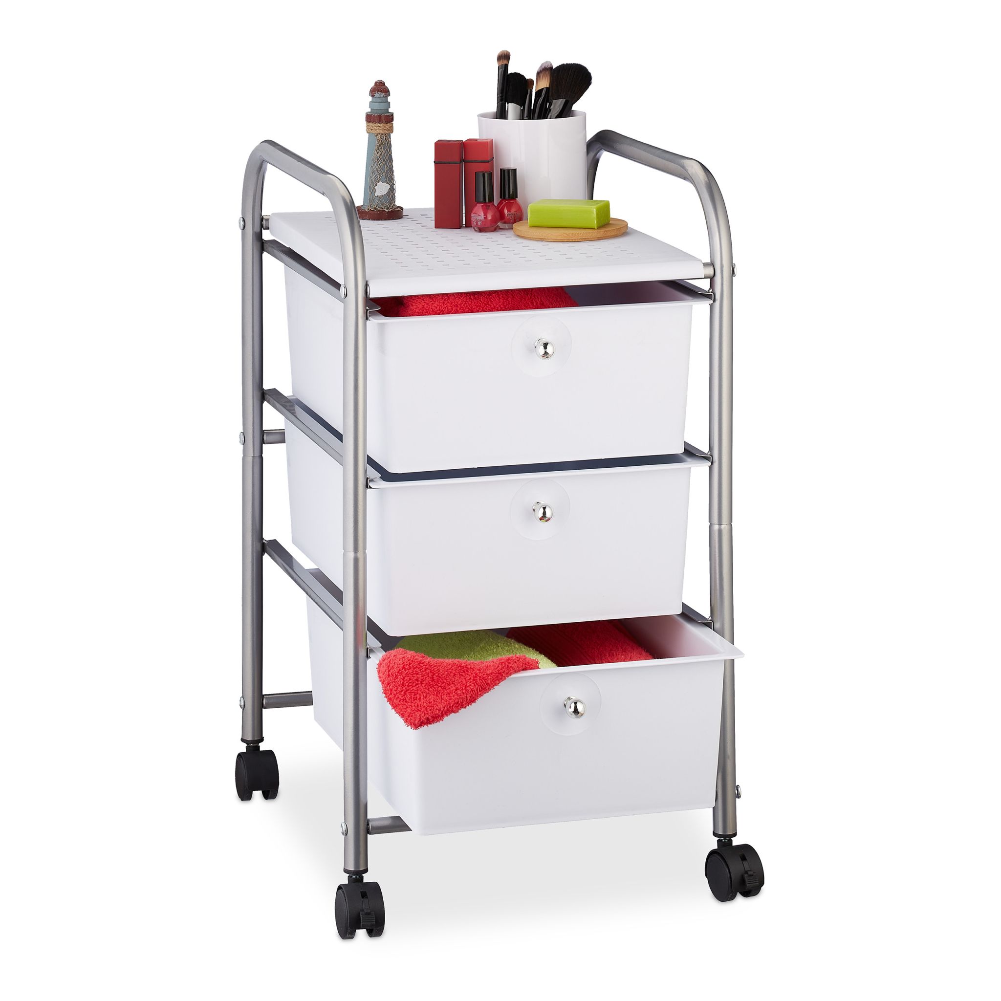 Badrollwagen mit 3 Schubladen Weiss-Silber
