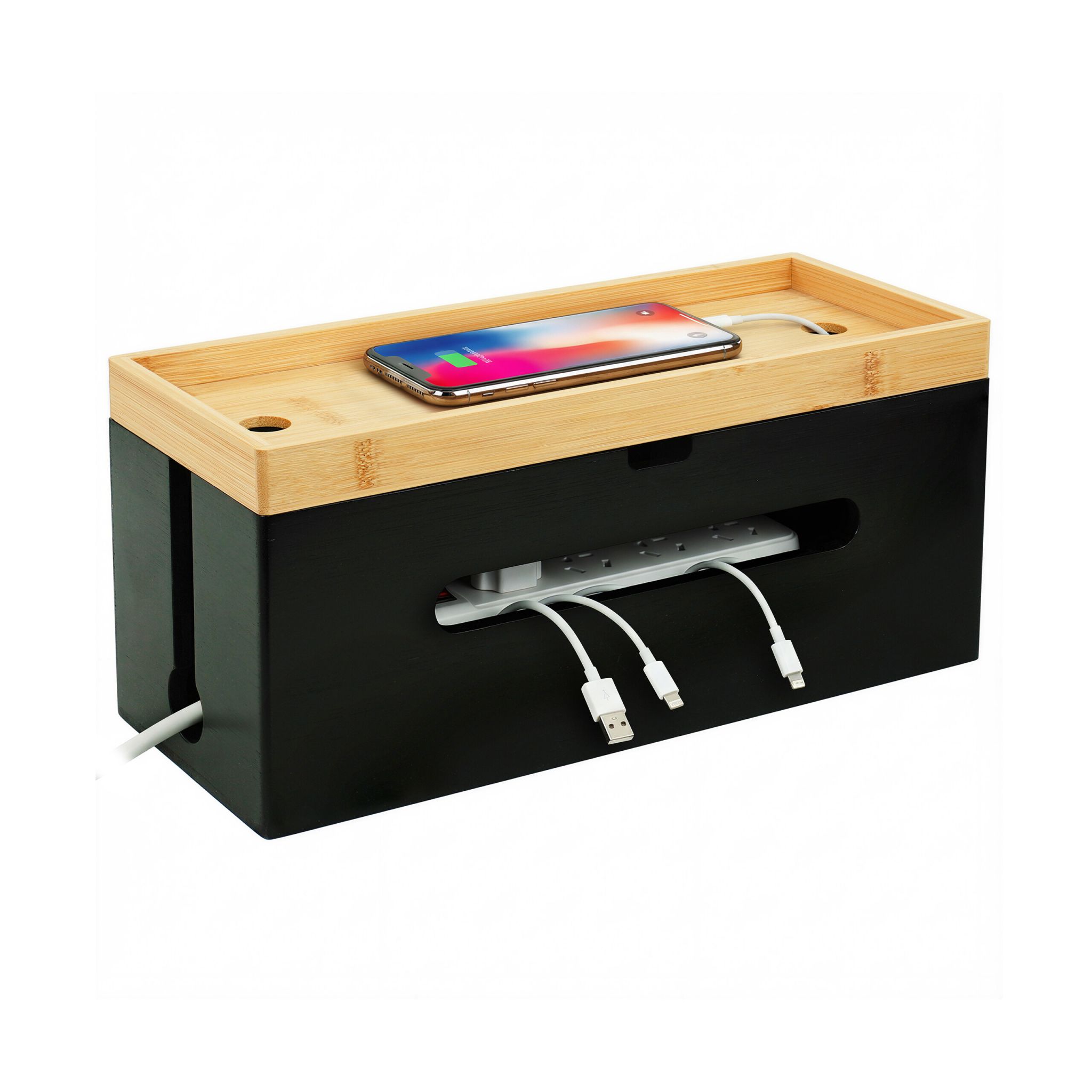 Kabelbox Bambus Hellbraun-Schwarz
