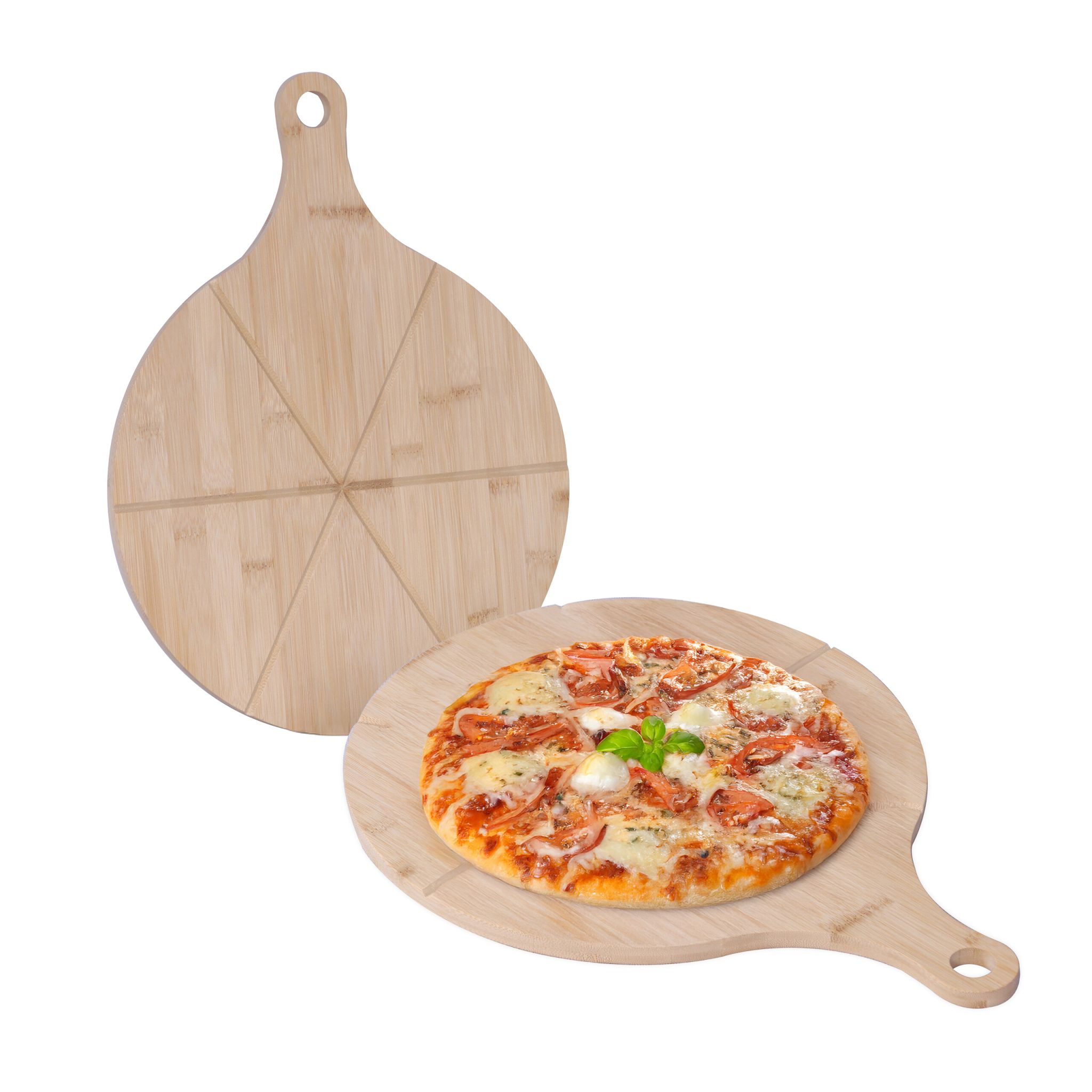 Bambus Pizzateller 2er-Set mit Griff und Schneidrillen Hellbraun