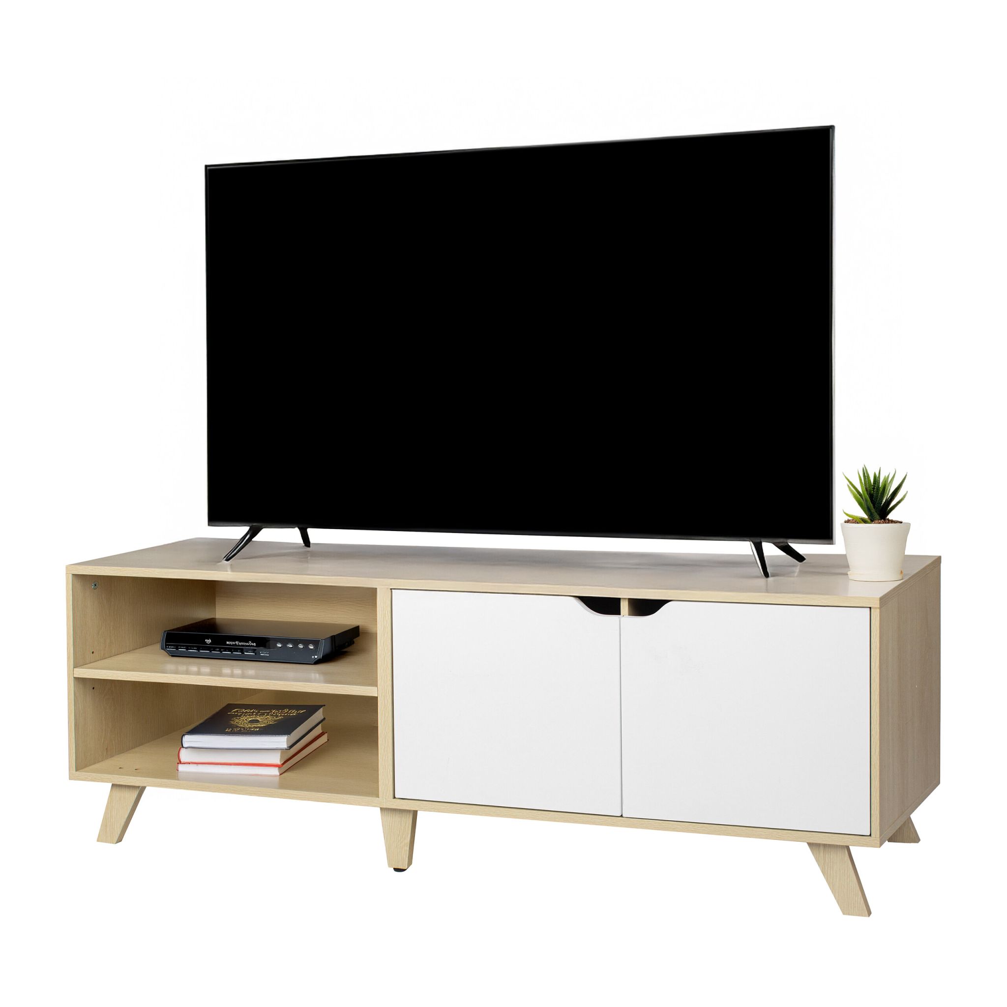 TV Lowboard 6 Fächer Weiss-Hellbraun