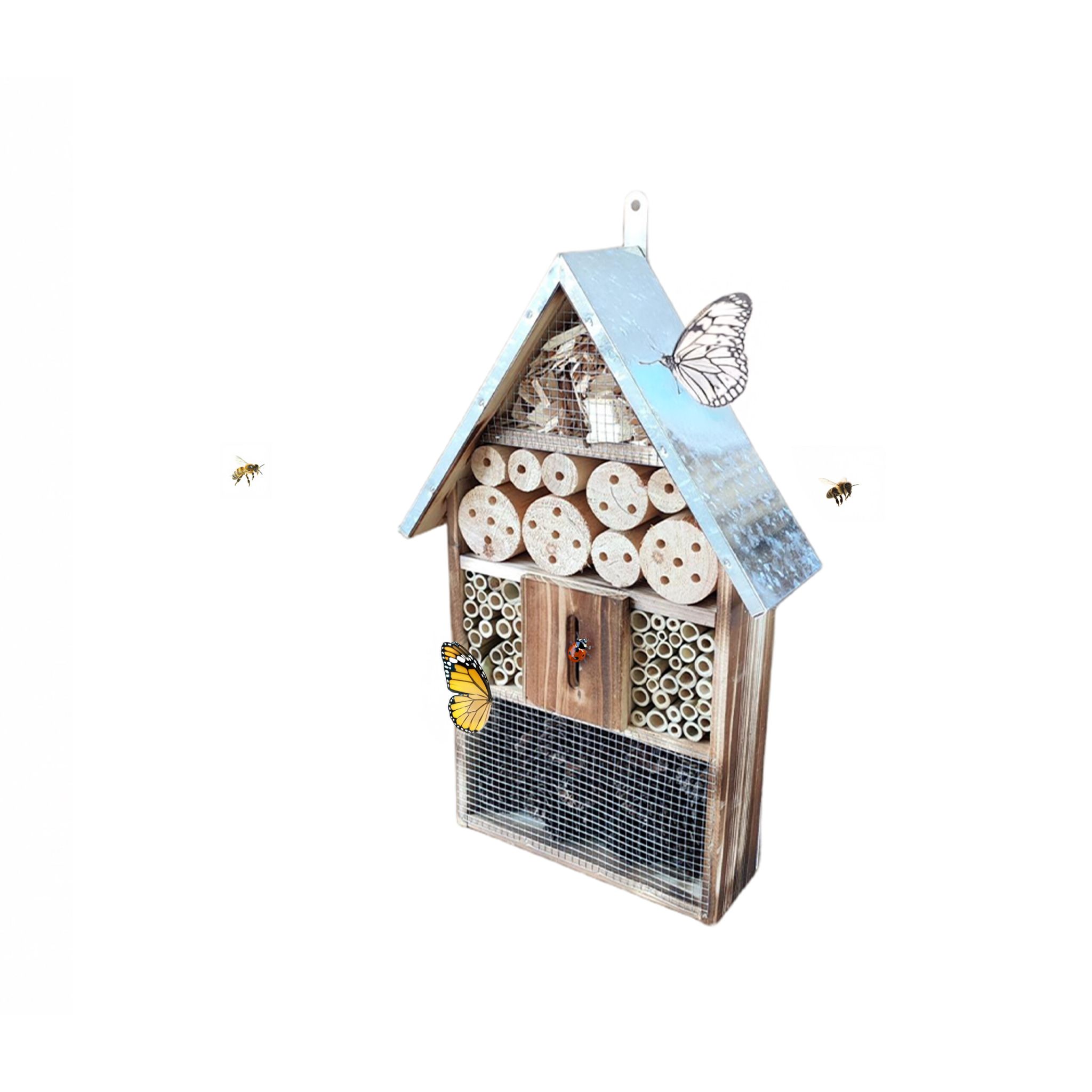 Insektenhotel mit Metalldach Hellbraun-Silber