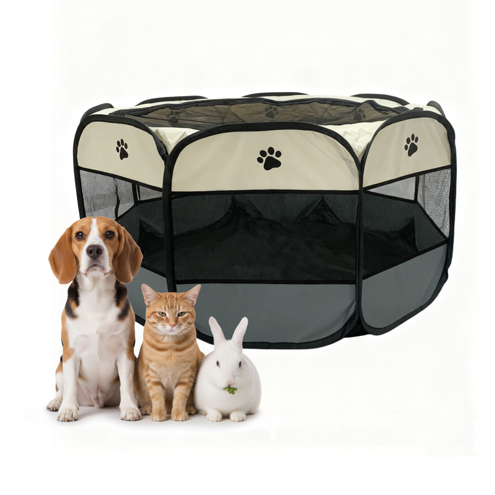 Faltbarer Welpenauslauf indoor & outdoor Creme-Schwarz-Grau