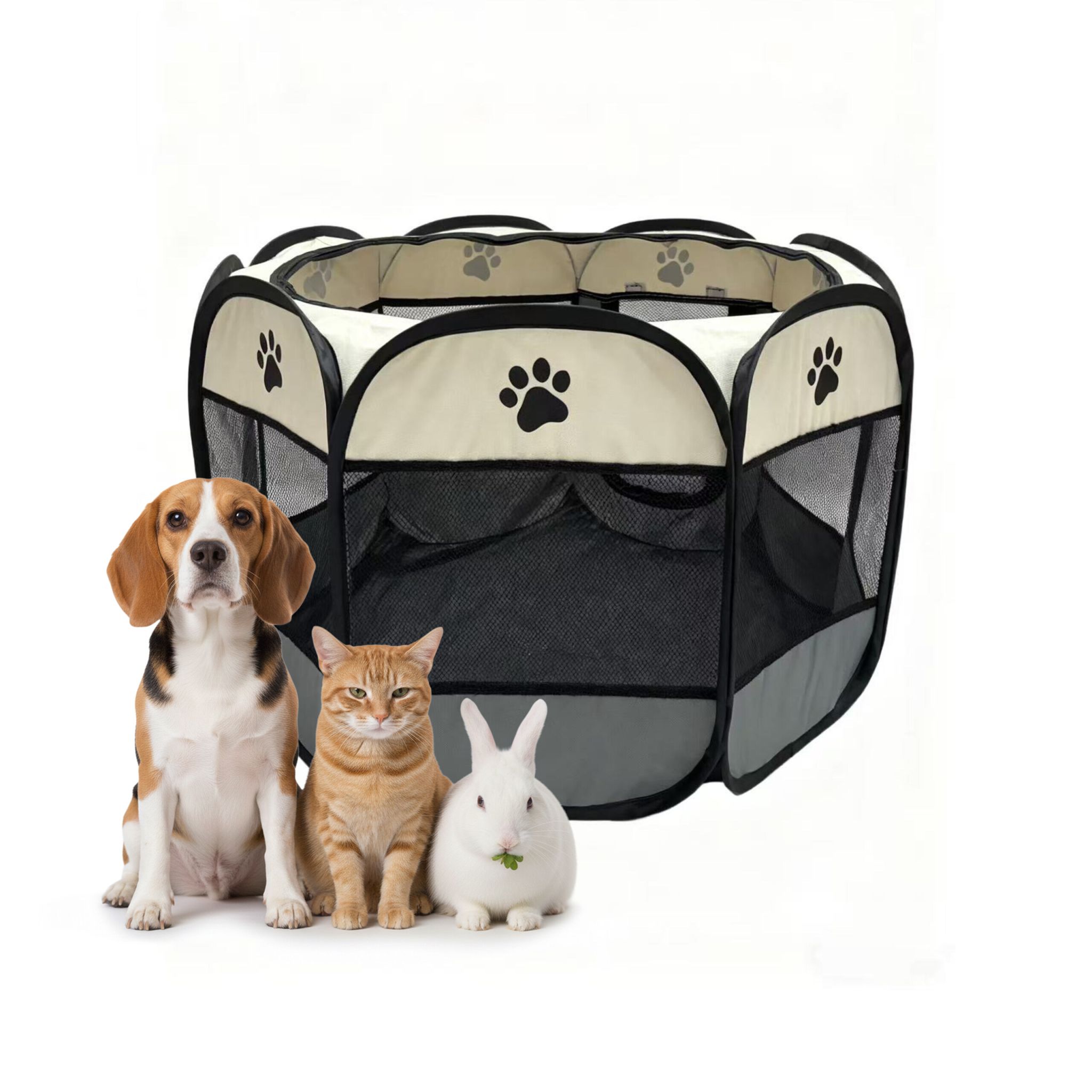Faltbarer Welpenauslauf indoor & outdoor Creme-Schwarz-Grau