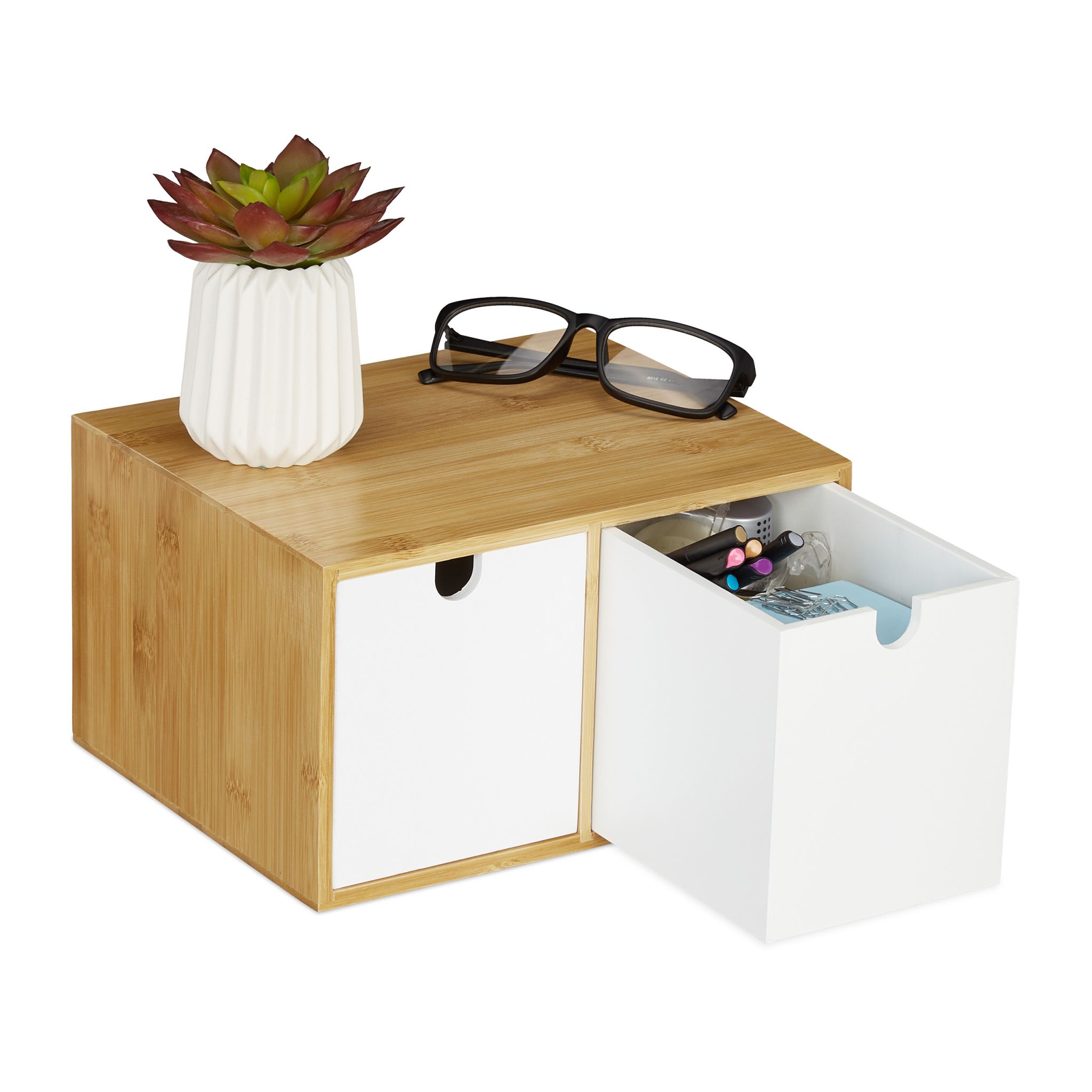 Schreibtisch Organizer 2 Schubladen Weiss-Hellbraun