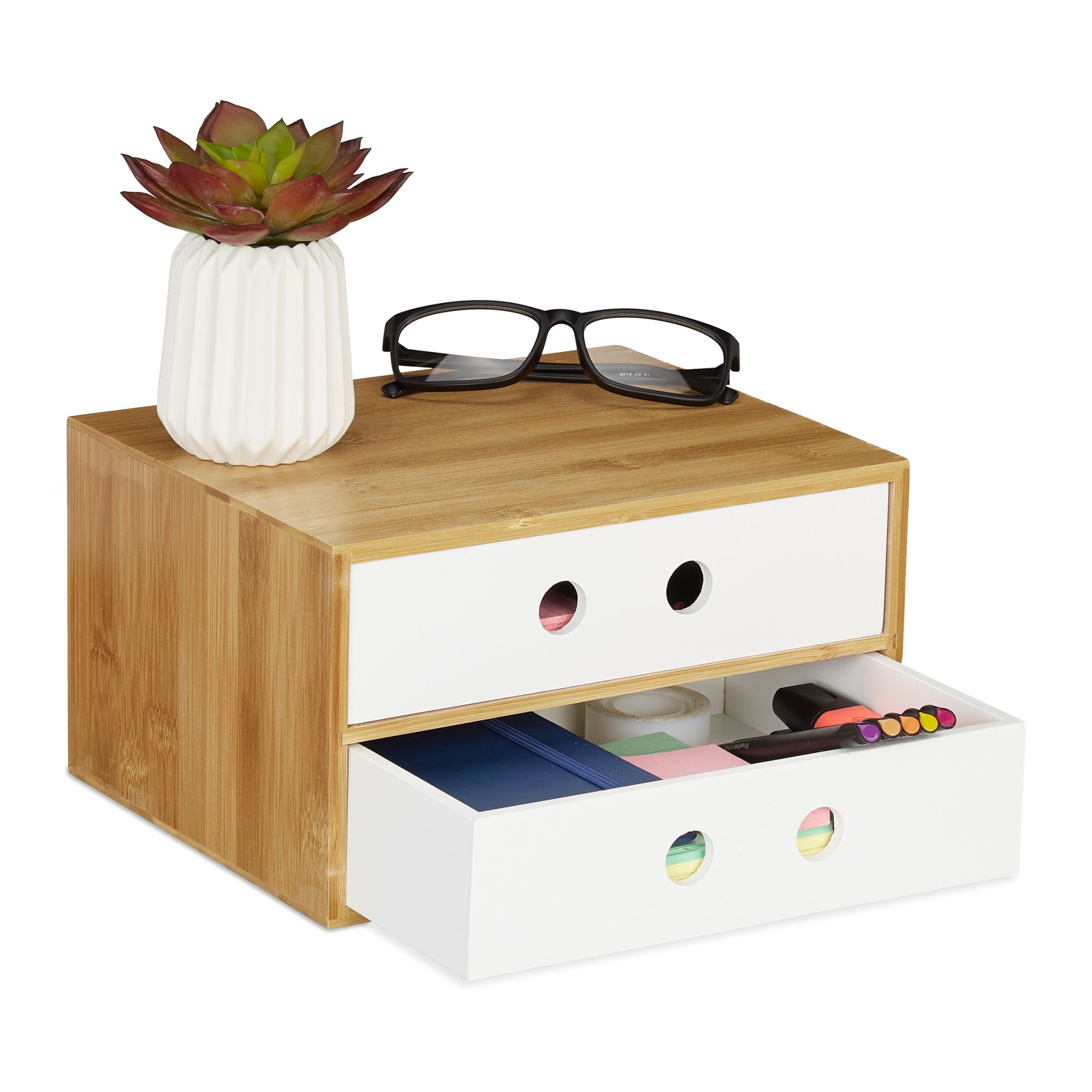 Schreibtisch Organizer 2 Schubladen Weiss-Hellbraun