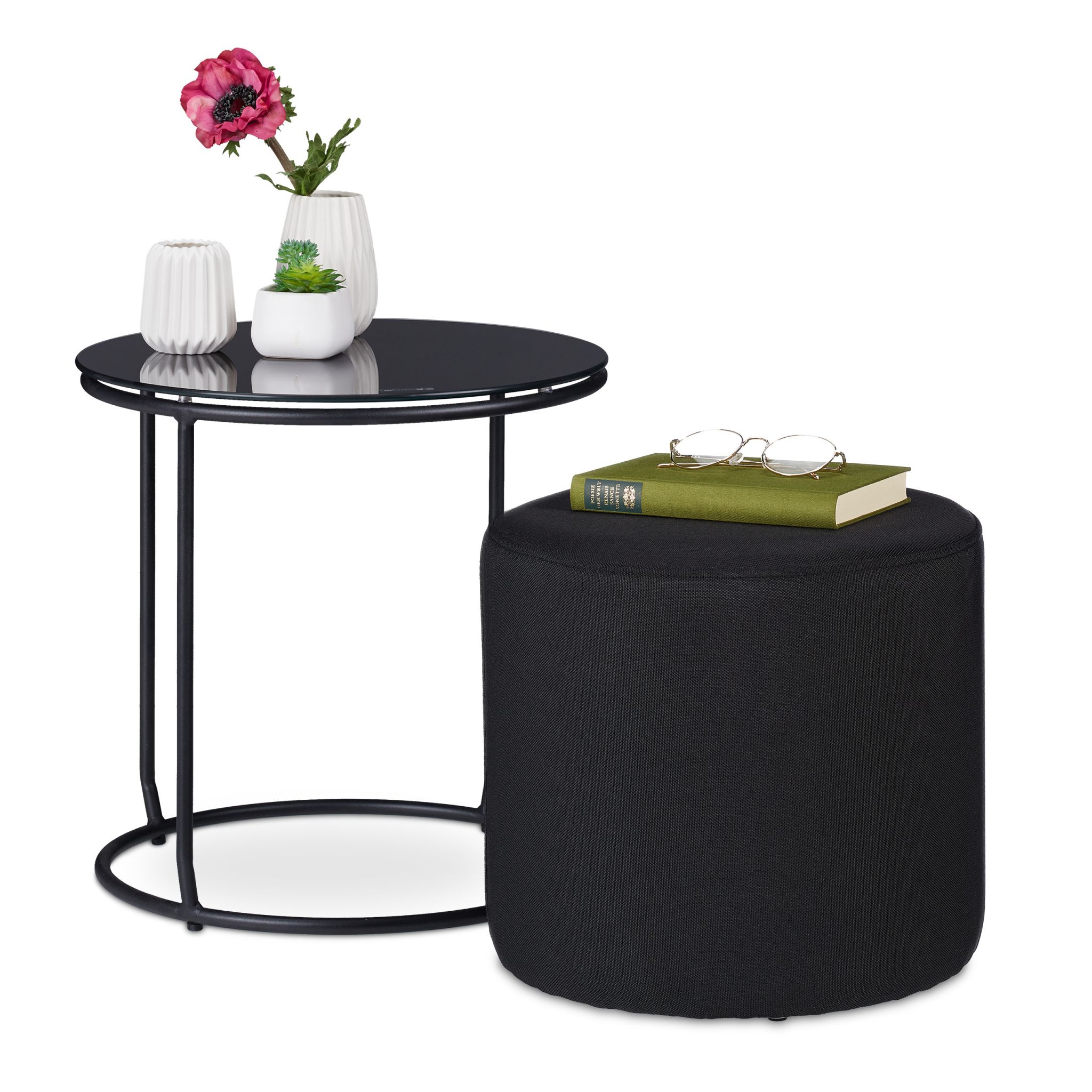 Beistelltisch mit Hocker schwarz Schwarz