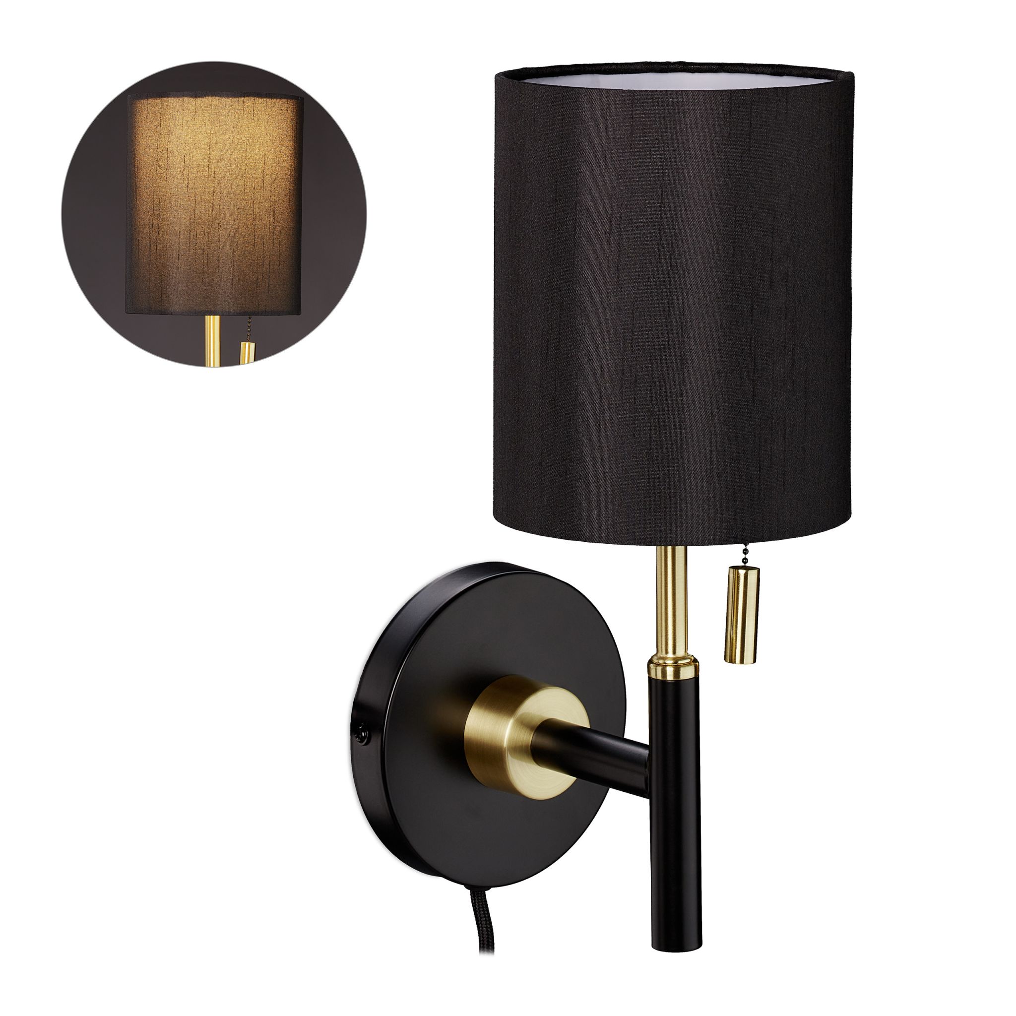 Wandleuchte mit Stoffschirm Gold-Schwarz