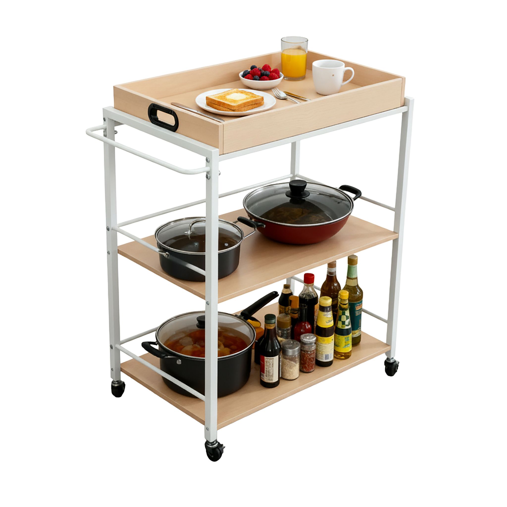 Servierwagen mit abnehmbarem Tablett Weiss-Hellbraun