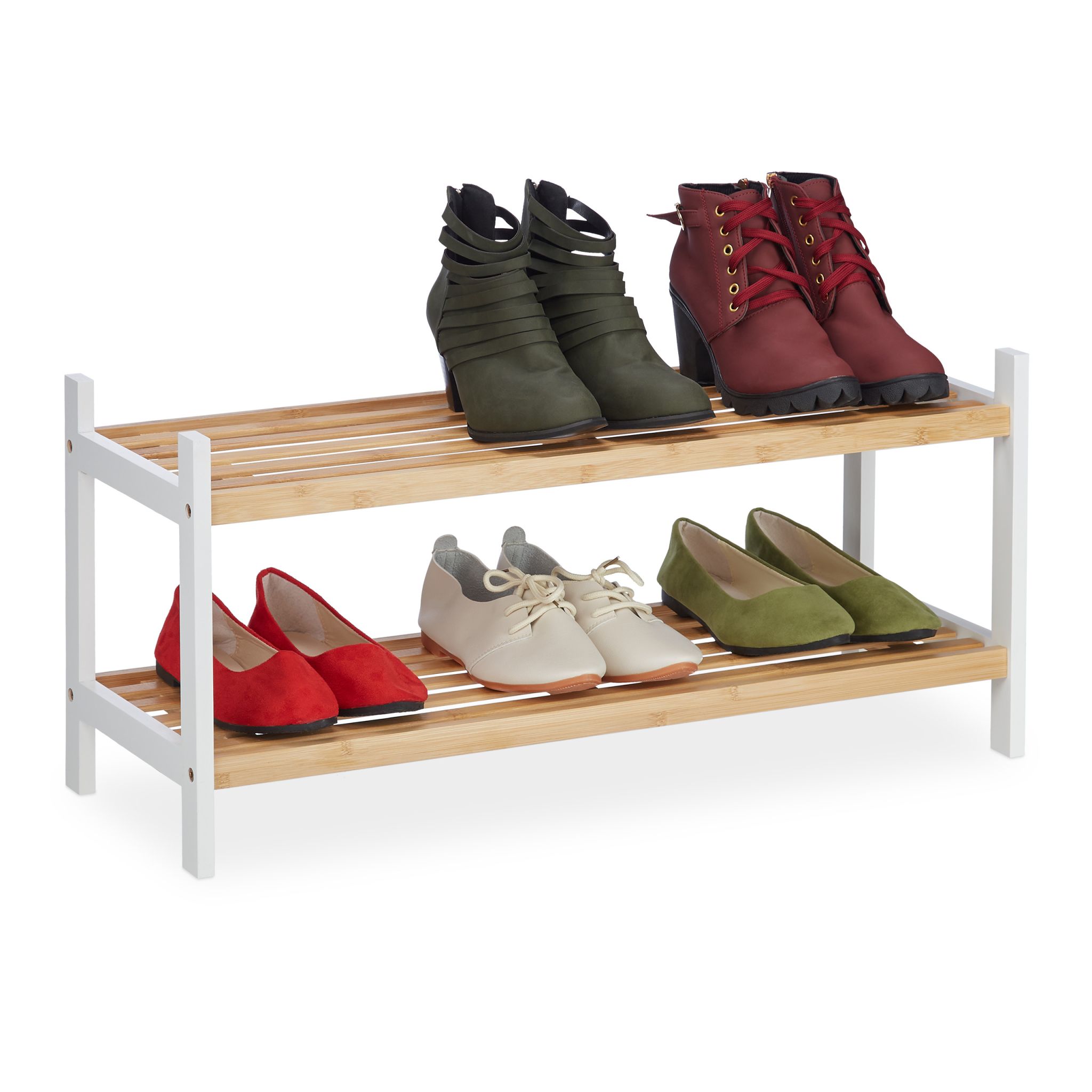 Schuhregal mit 2 Ebenen Weiss-Hellbraun