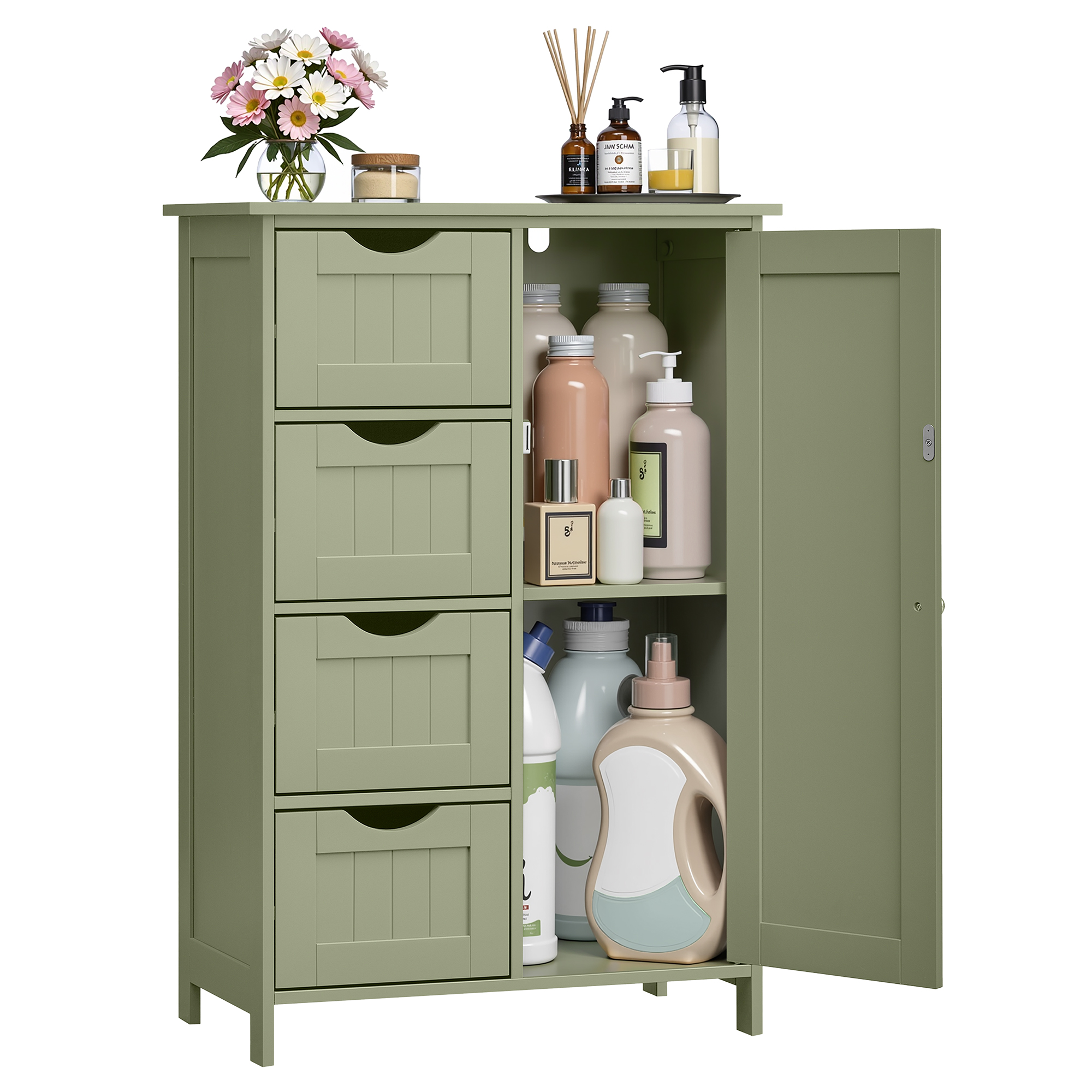 Badezimmerschrank schmal lorbeergrün 4 Schubladen