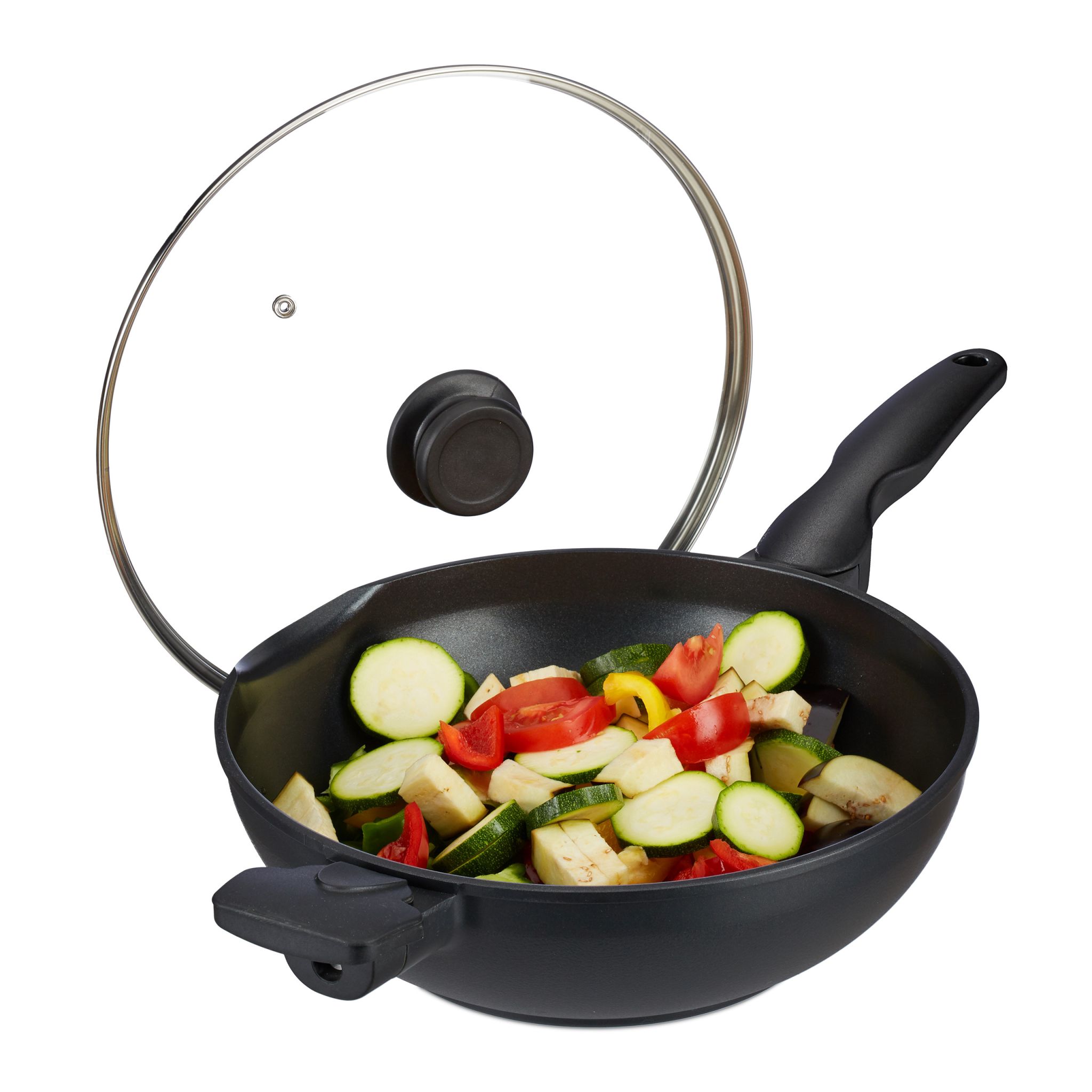Wok mit Deckel Induktion Schwarz-Silber-Transparent