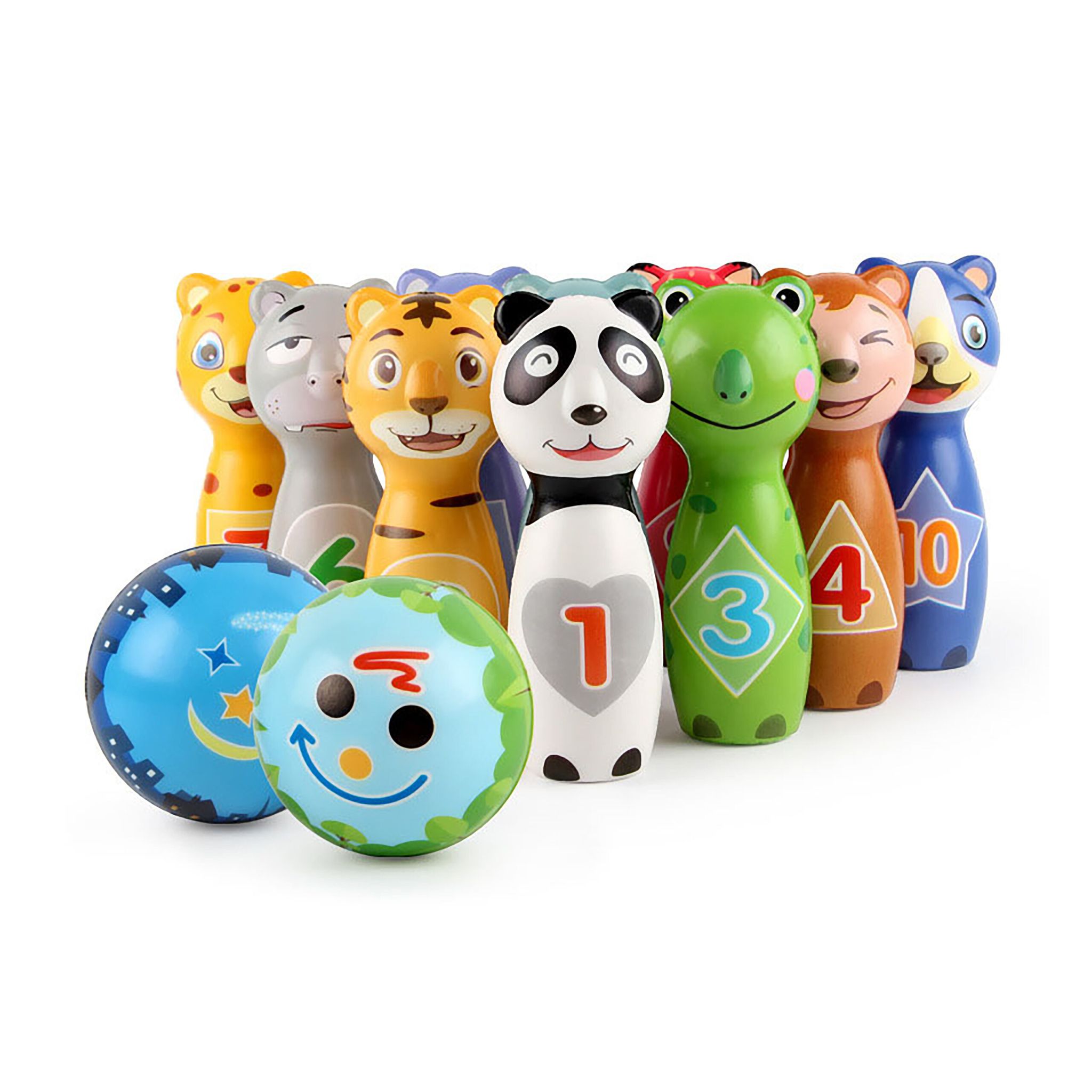 Kinder Kegelspiel Tiere Blau-Gelb-Grün