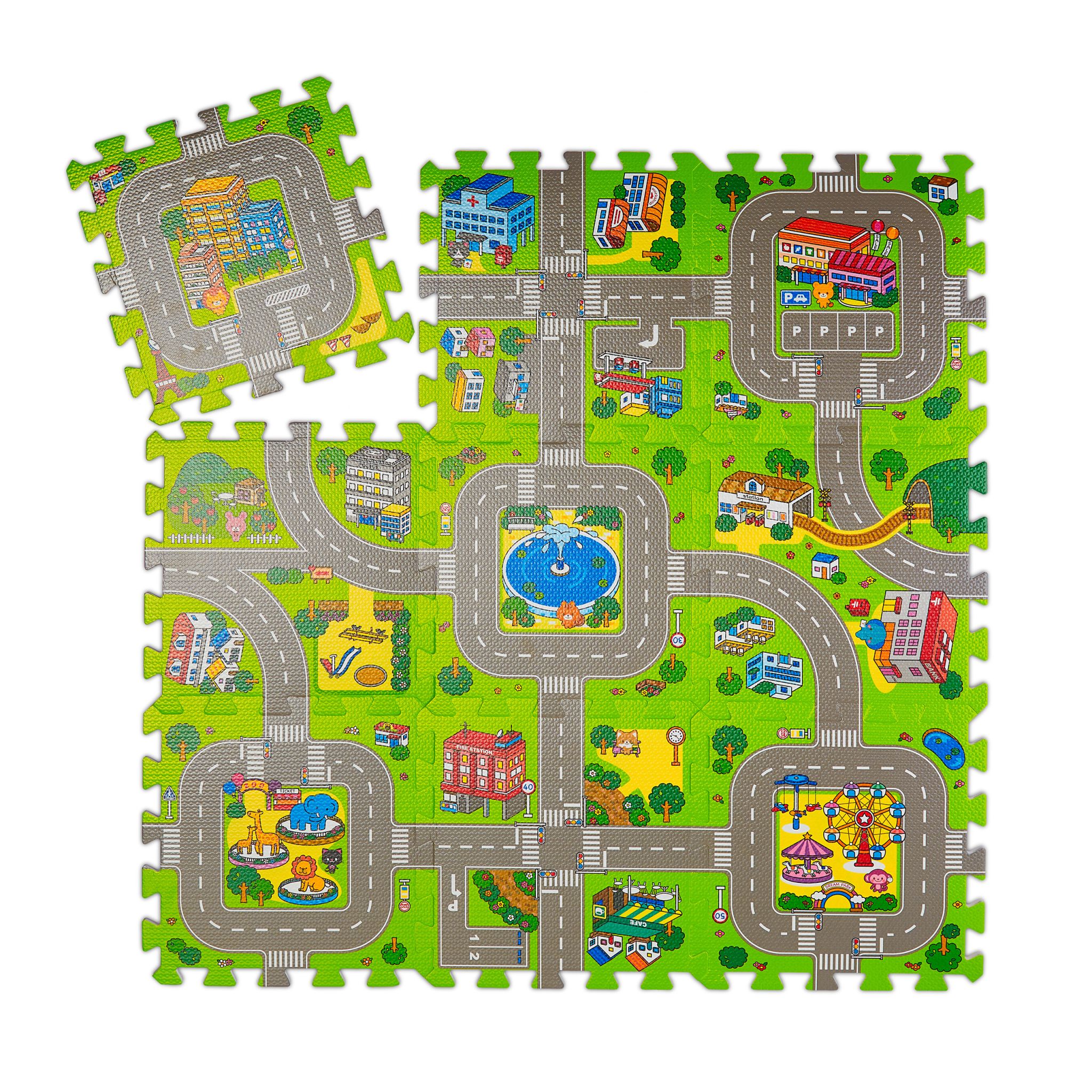 Puzzlematte Strasse mit Tieren Weiss-Grün-Grau
